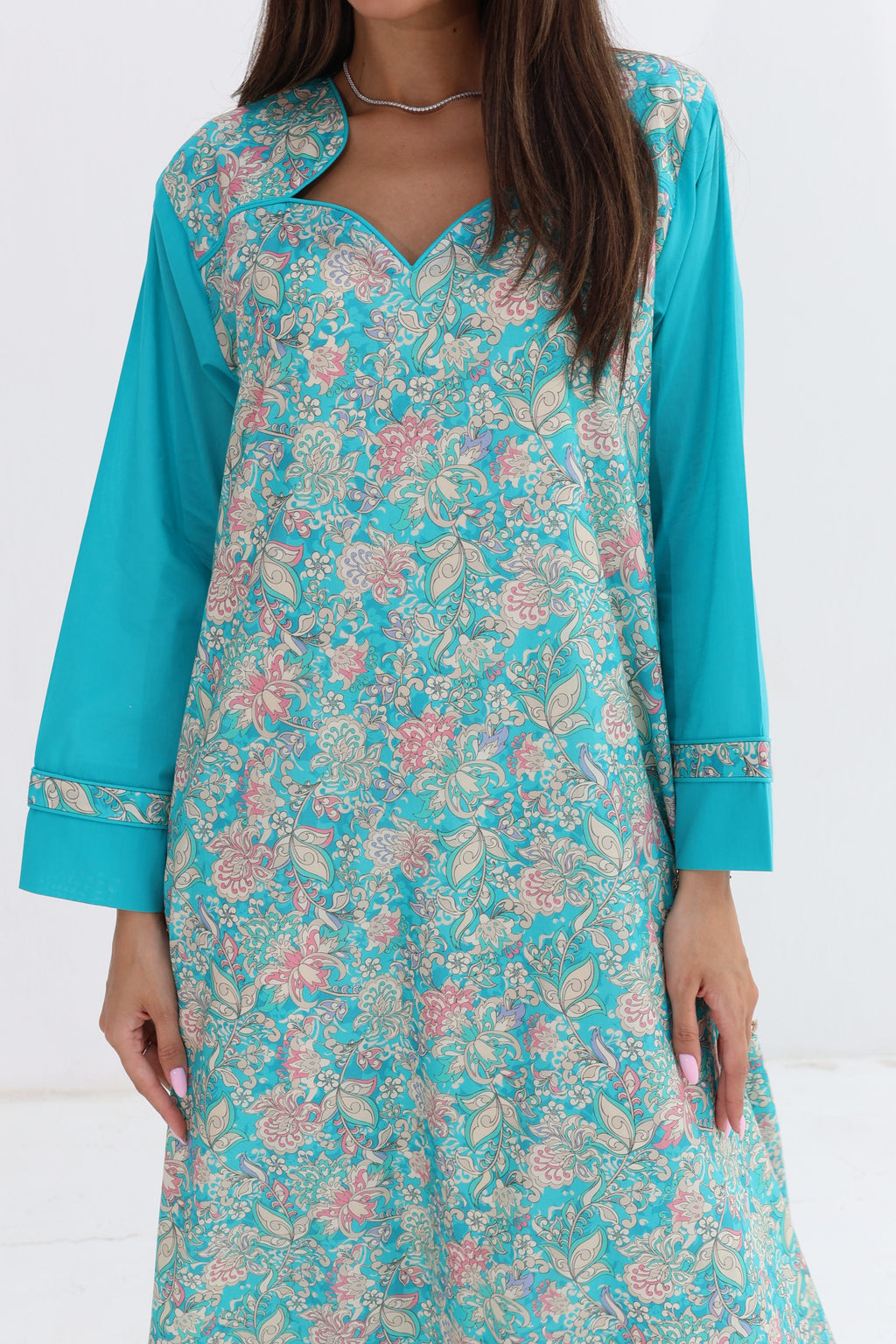 Bahar — C05 — Turquoise Tropical Floral Contrast Sleeve Cotton Jalabiya