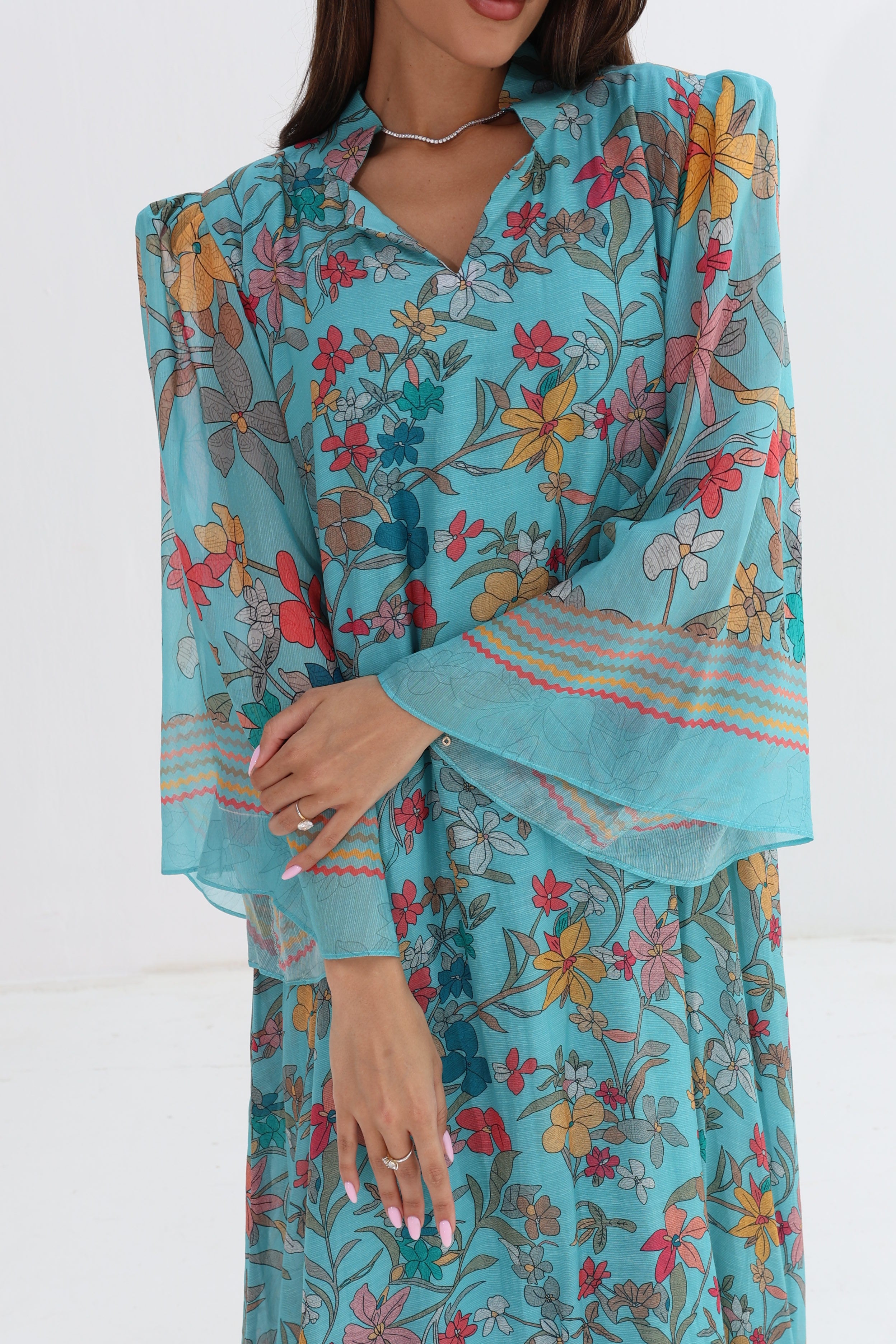 Fairouz — C06 — Teal Botanical Floral Sheer Bell Sleeve Cotton Jalabiya