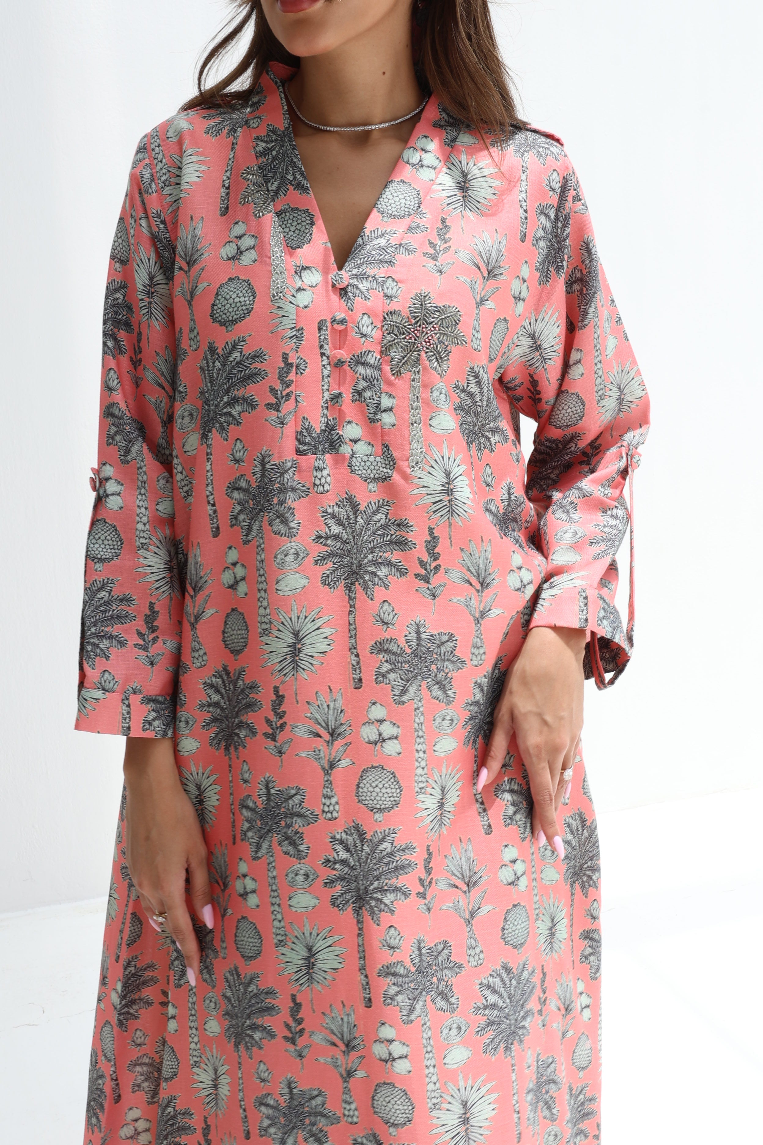 Nakhla — L167 — Coral Palm Print Linen Jalabiya with Embroidery