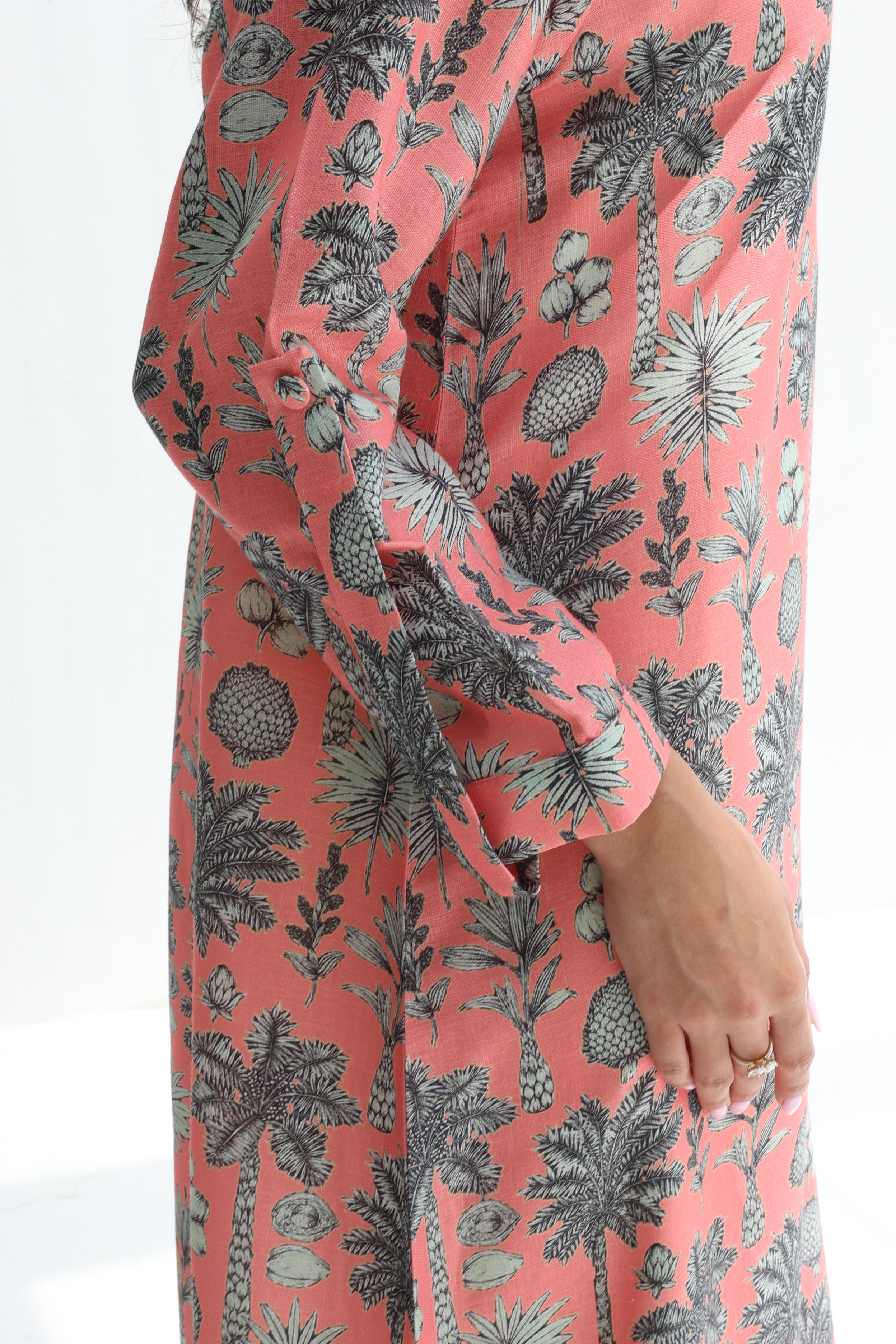 Nakhla — L167 — Coral Palm Print Linen Jalabiya with Embroidery