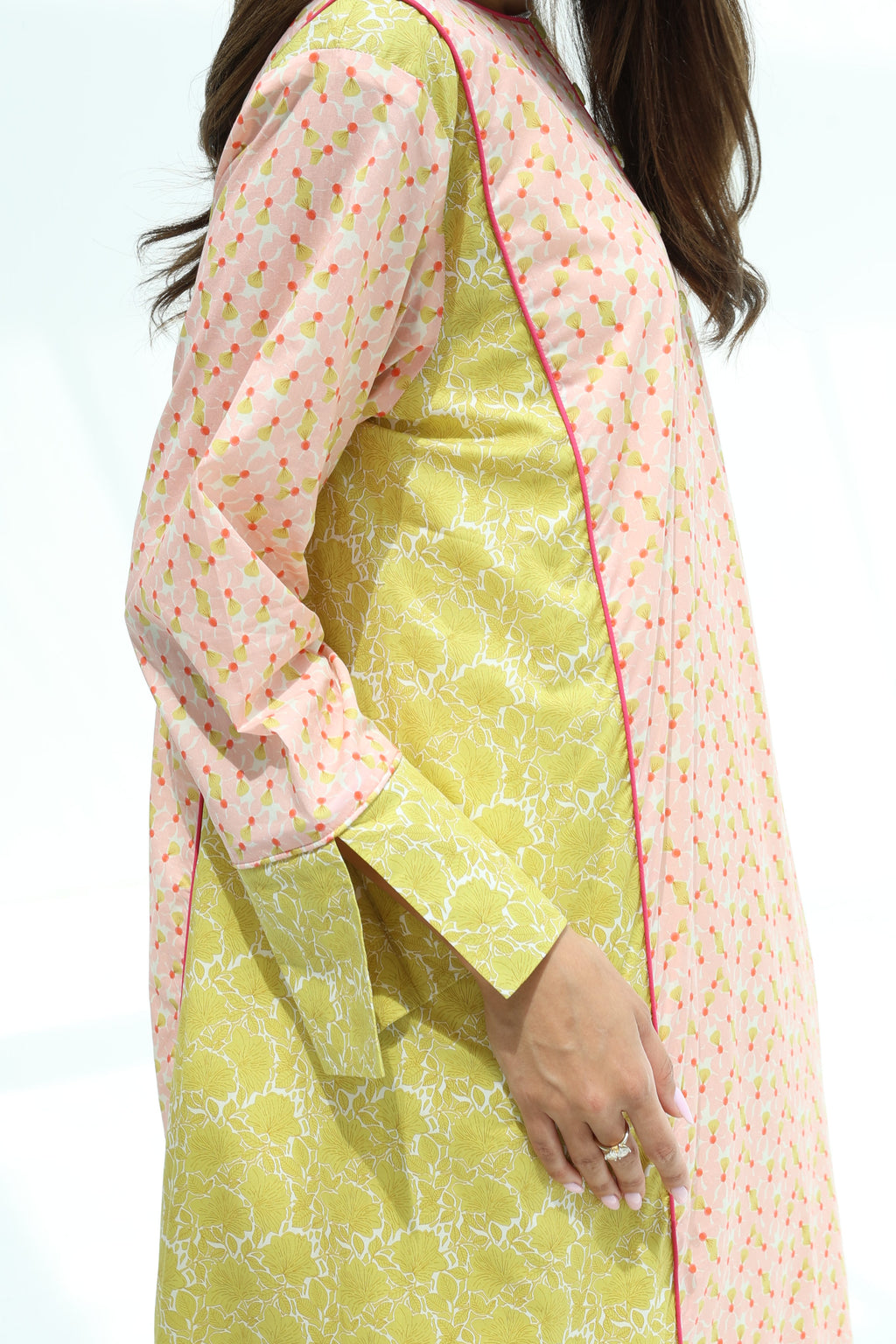 Nadia — C16 — Blush & Chartreuse Ditsy Floral Contrast Panel Cotton Jalabiya