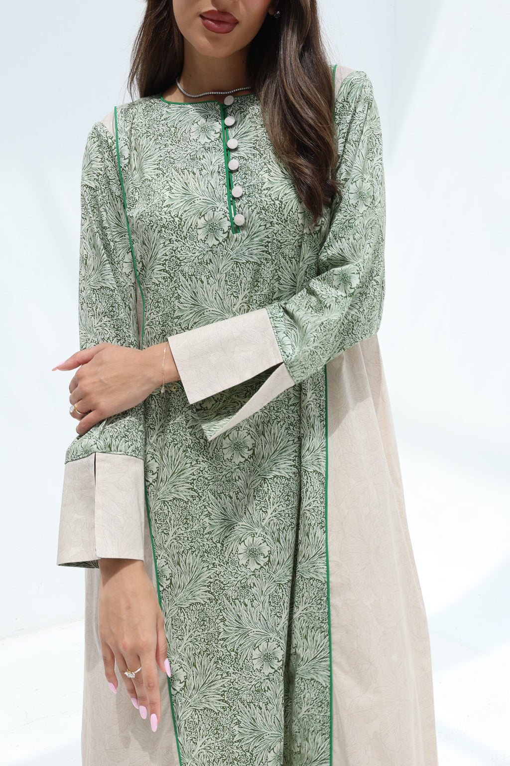 Layla — C17 — Sage Green Botanical Floral Print Contrast Panel Cotton Jalabiya