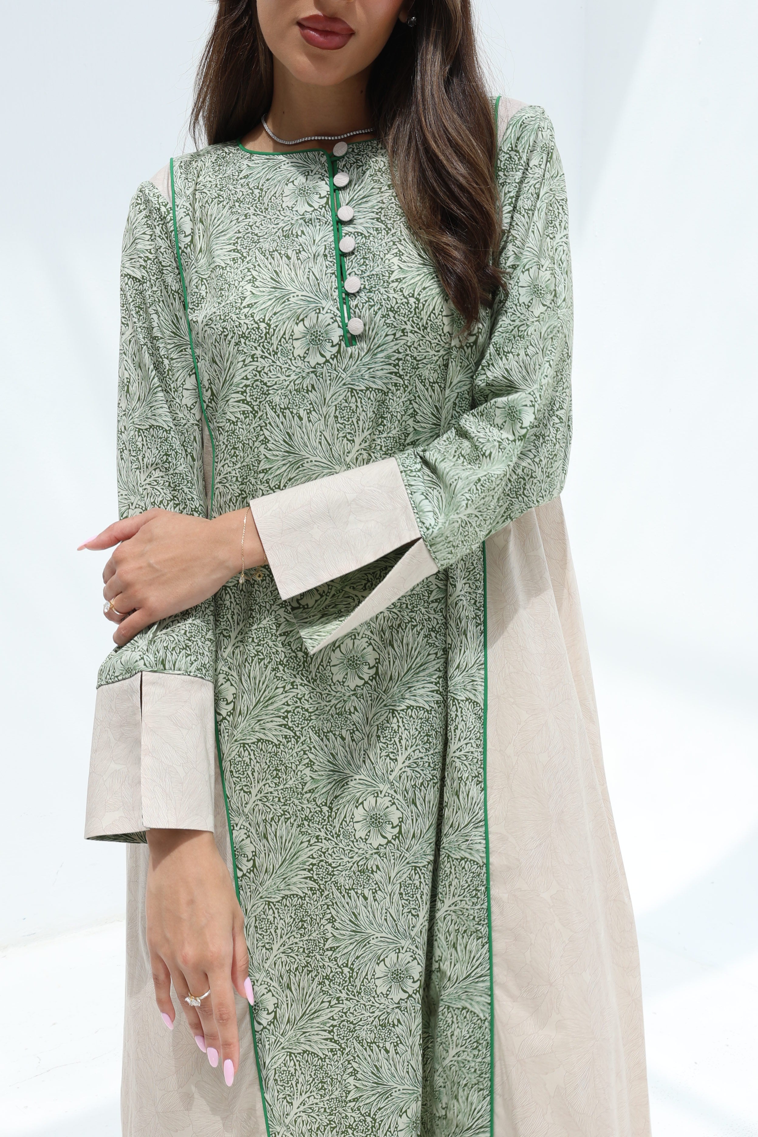 Layla — C17 — Sage Green Botanical Floral Print Contrast Panel Cotton Jalabiya