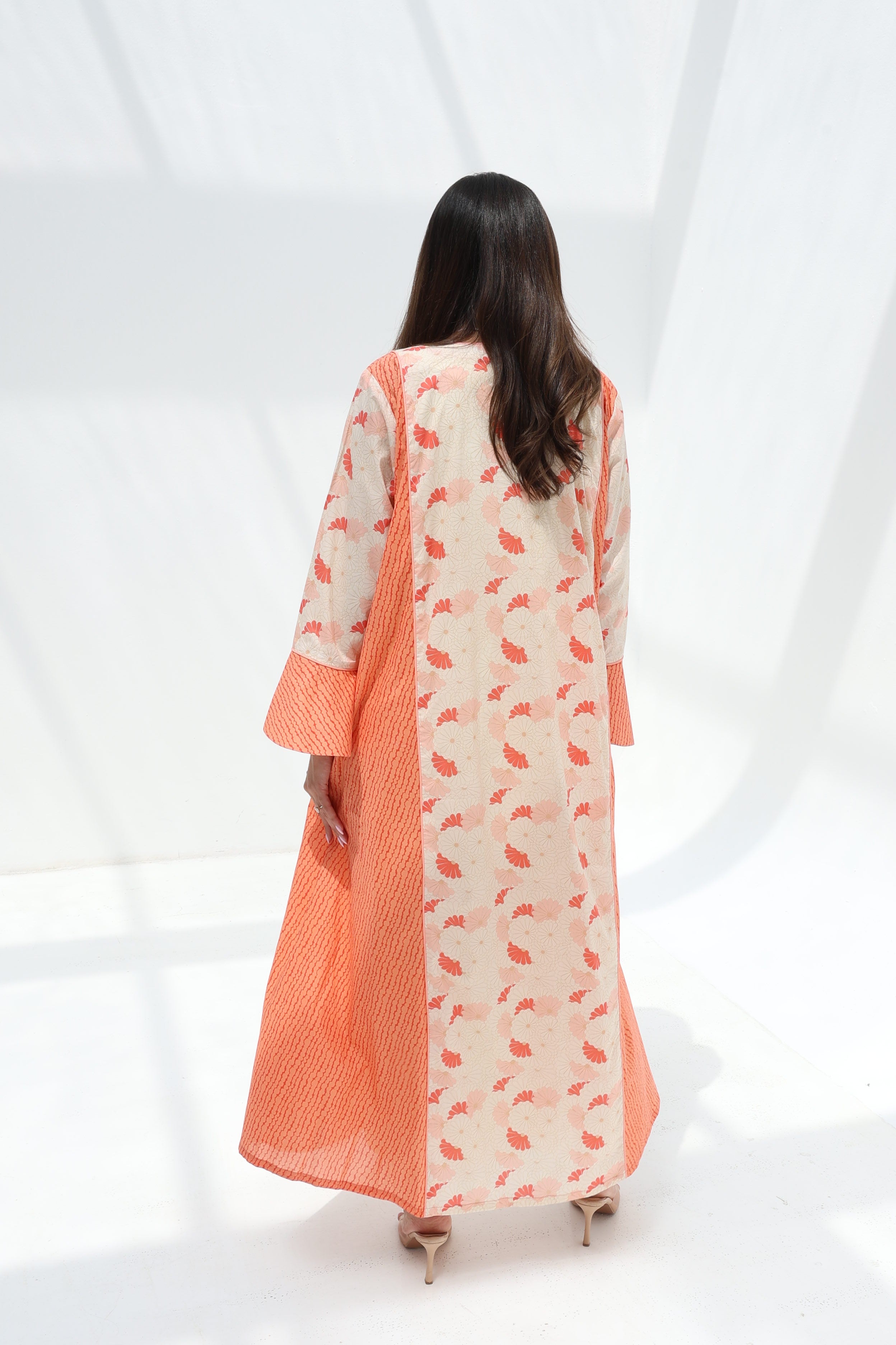 Rania — C18 — Cream & Coral Fan Floral Print Stripe Contrast Panel Cotton Jalabiya