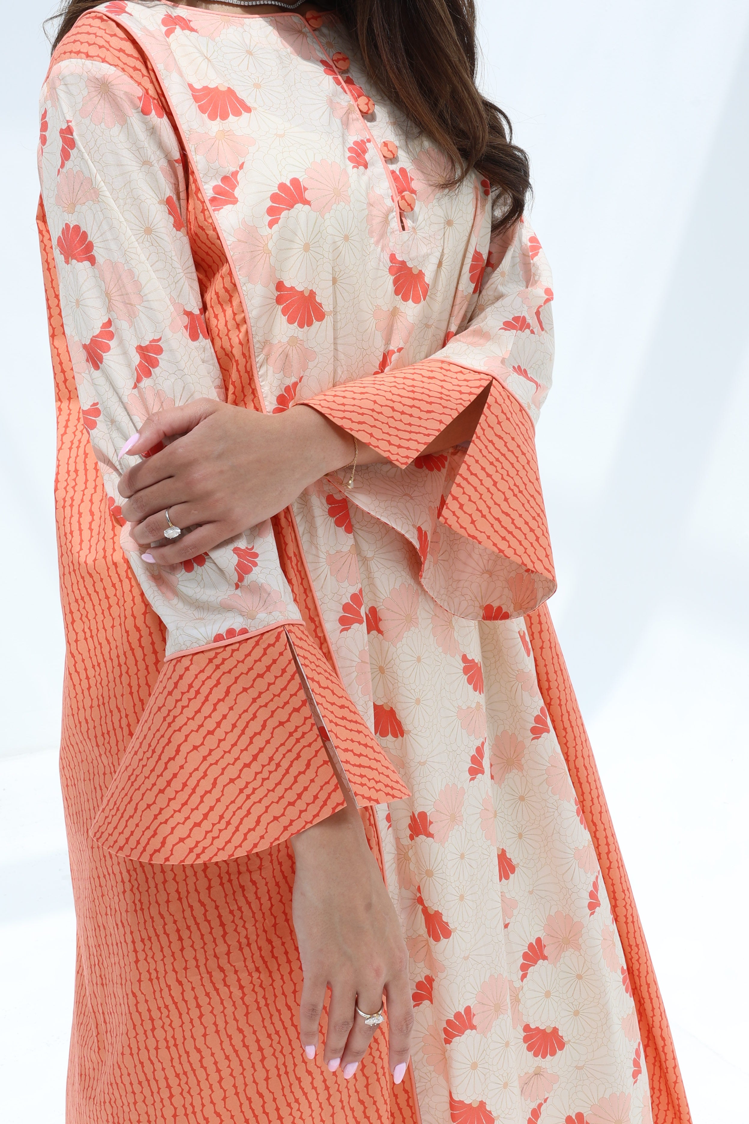 Rania — C18 — Cream & Coral Fan Floral Print Stripe Contrast Panel Cotton Jalabiya