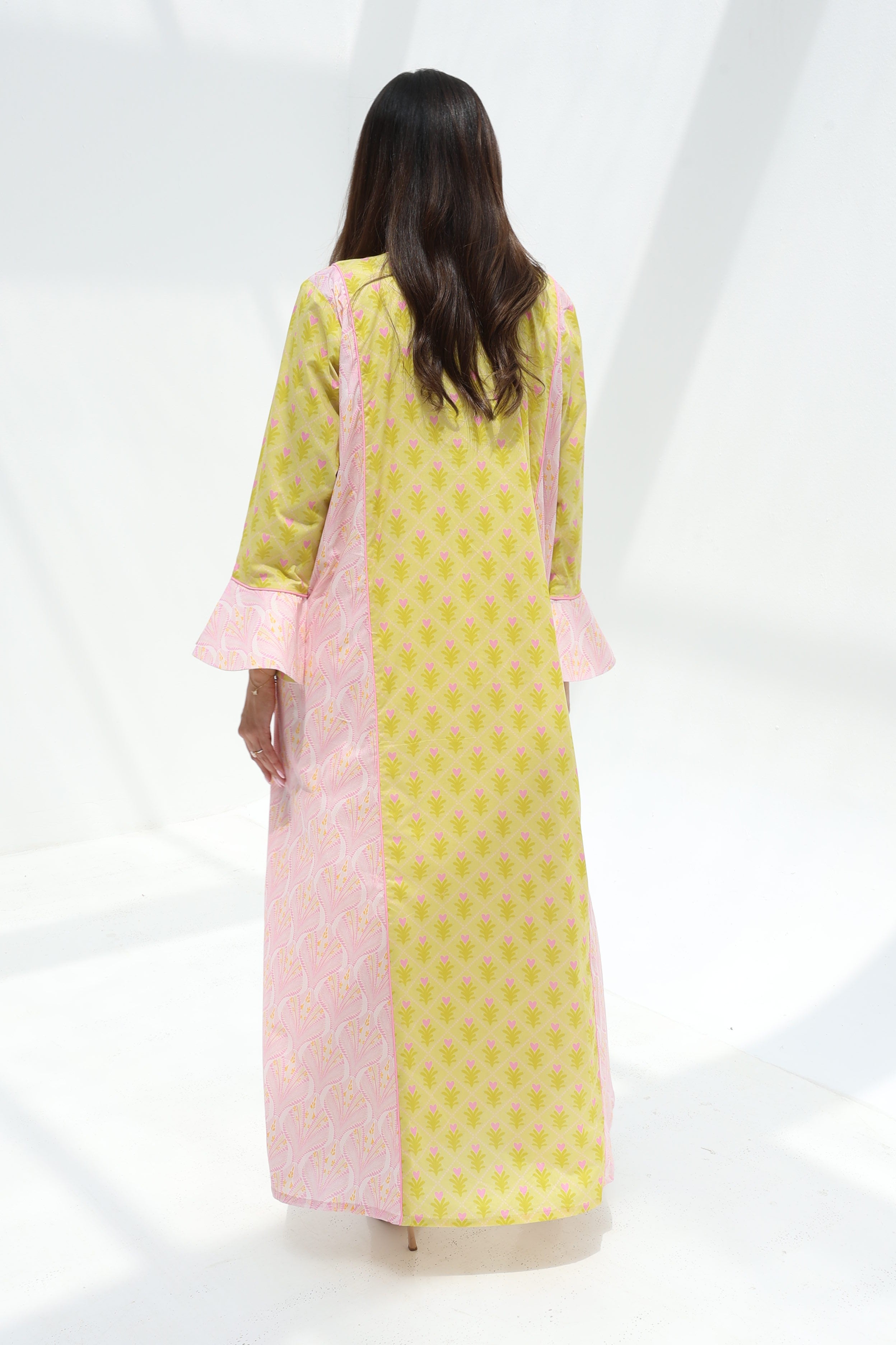 Dalia — C19 — Sunshine Yellow Ditsy Floral Print Blush Contrast Ruffle Cuff Cotton Jalabiya