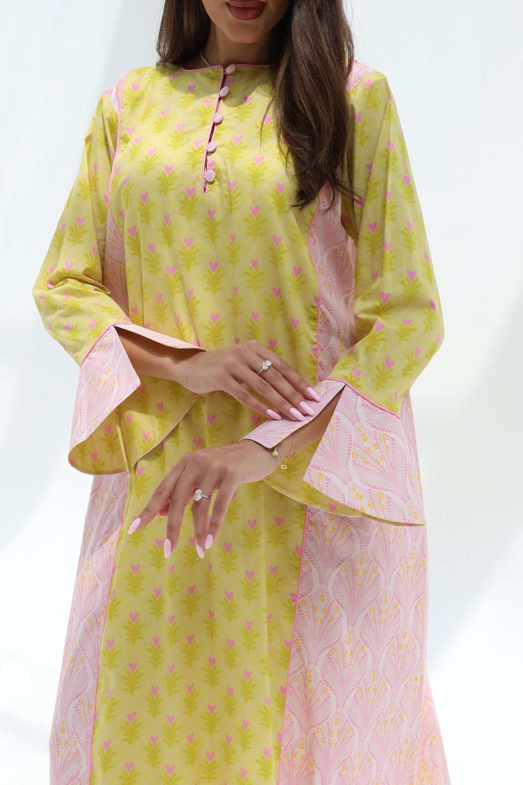 Dalia — C19 — Sunshine Yellow Ditsy Floral Print Blush Contrast Ruffle Cuff Cotton Jalabiya