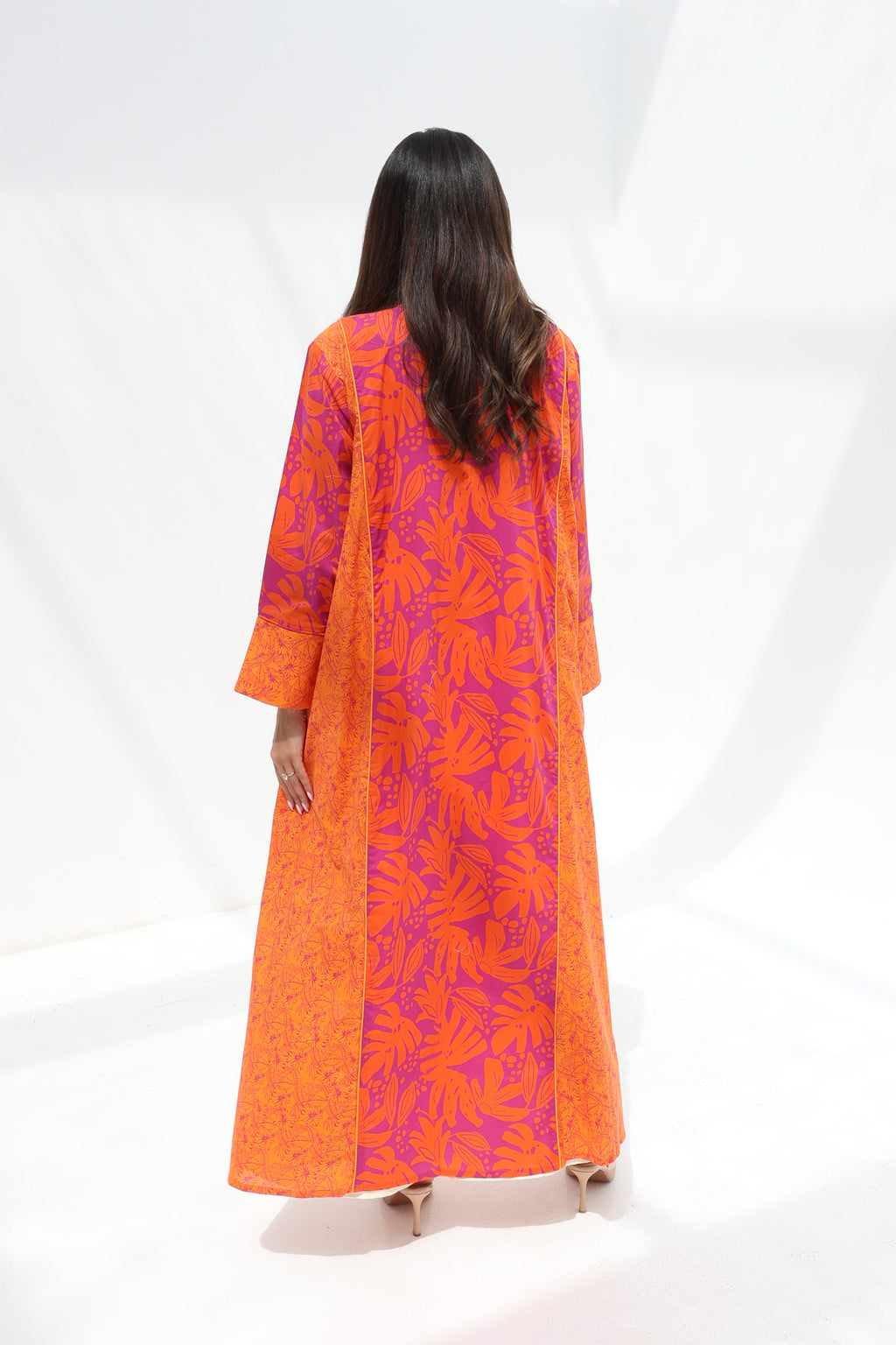 Zahwa — C20 — Orange & Magenta Tropical Leaf Print Cotton Jalabiya
