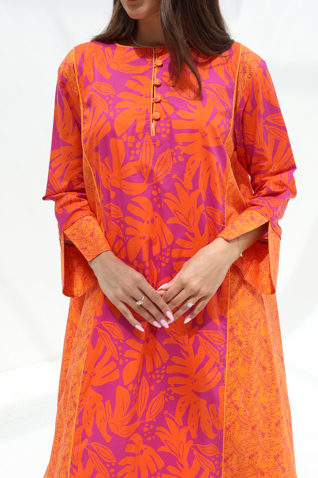 Zahwa — C20 — Orange & Magenta Tropical Leaf Print Cotton Jalabiya