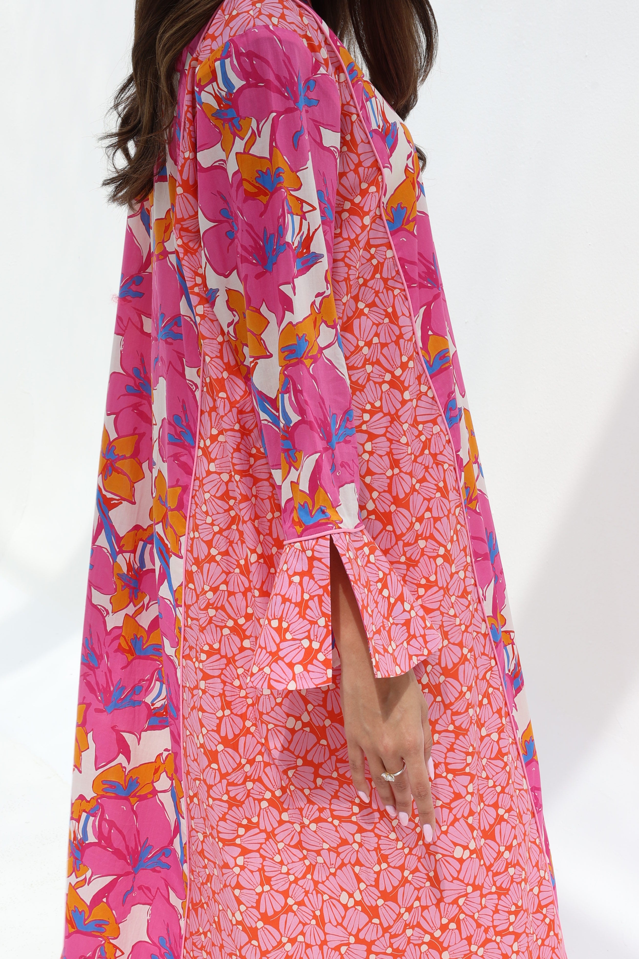 Jouri — C22 — Hot Pink & Orange Bold Tropical Floral Mosaic Contrast Ruffle Cuff Cotton Jalabiya