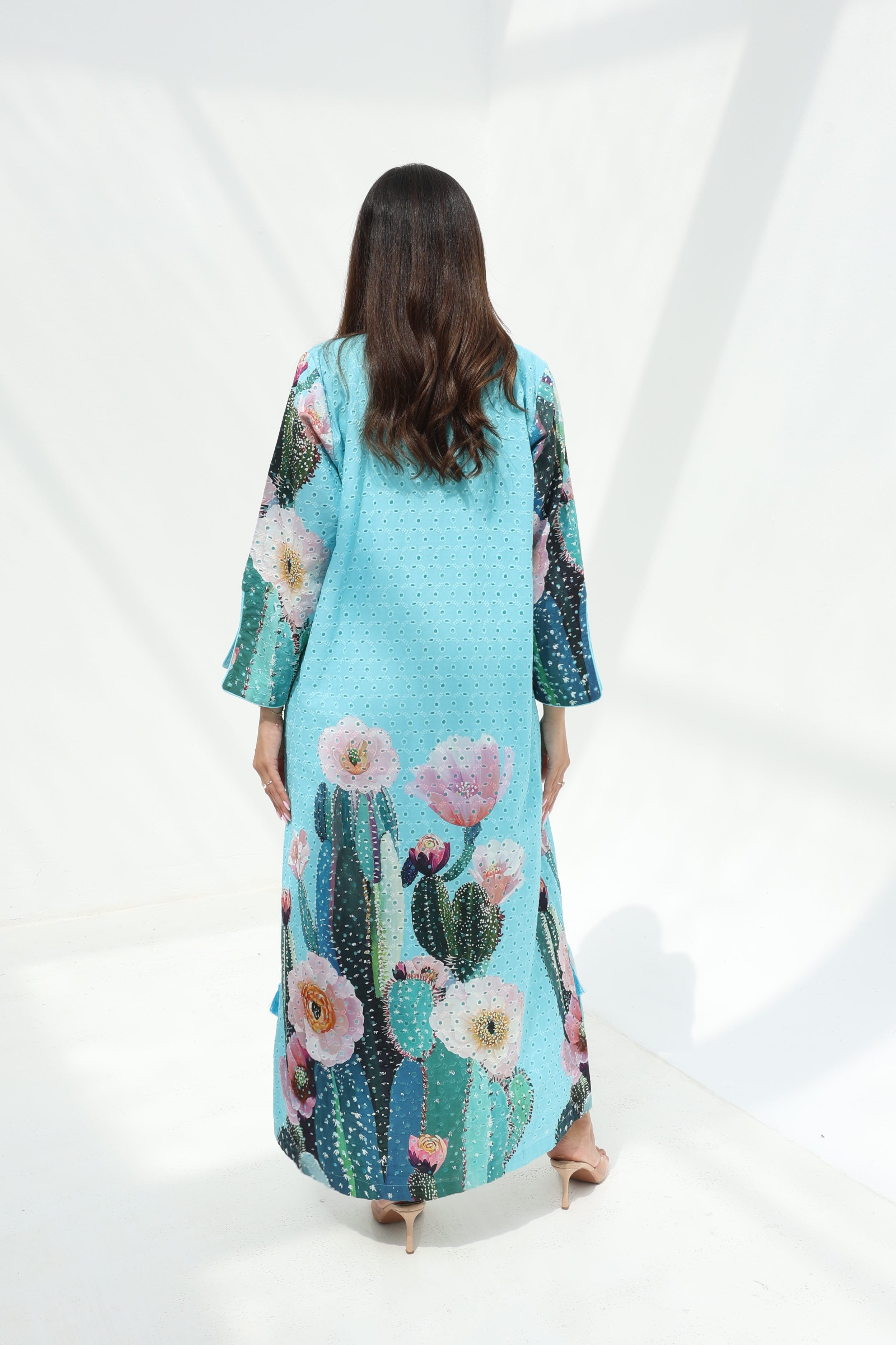 Sahara — C25 — Sky Blue Broderie Blooming Cactus Placement Print Tie Cuff Cotton Jalabiya