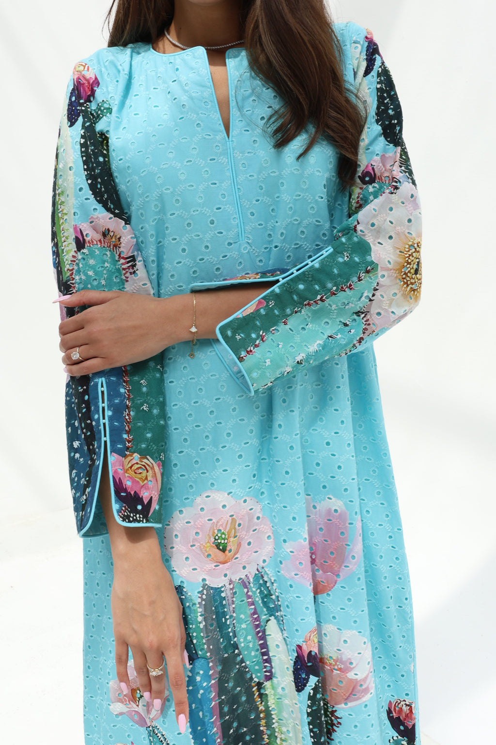 Sahara — C25 — Sky Blue Broderie Blooming Cactus Placement Print Tie Cuff