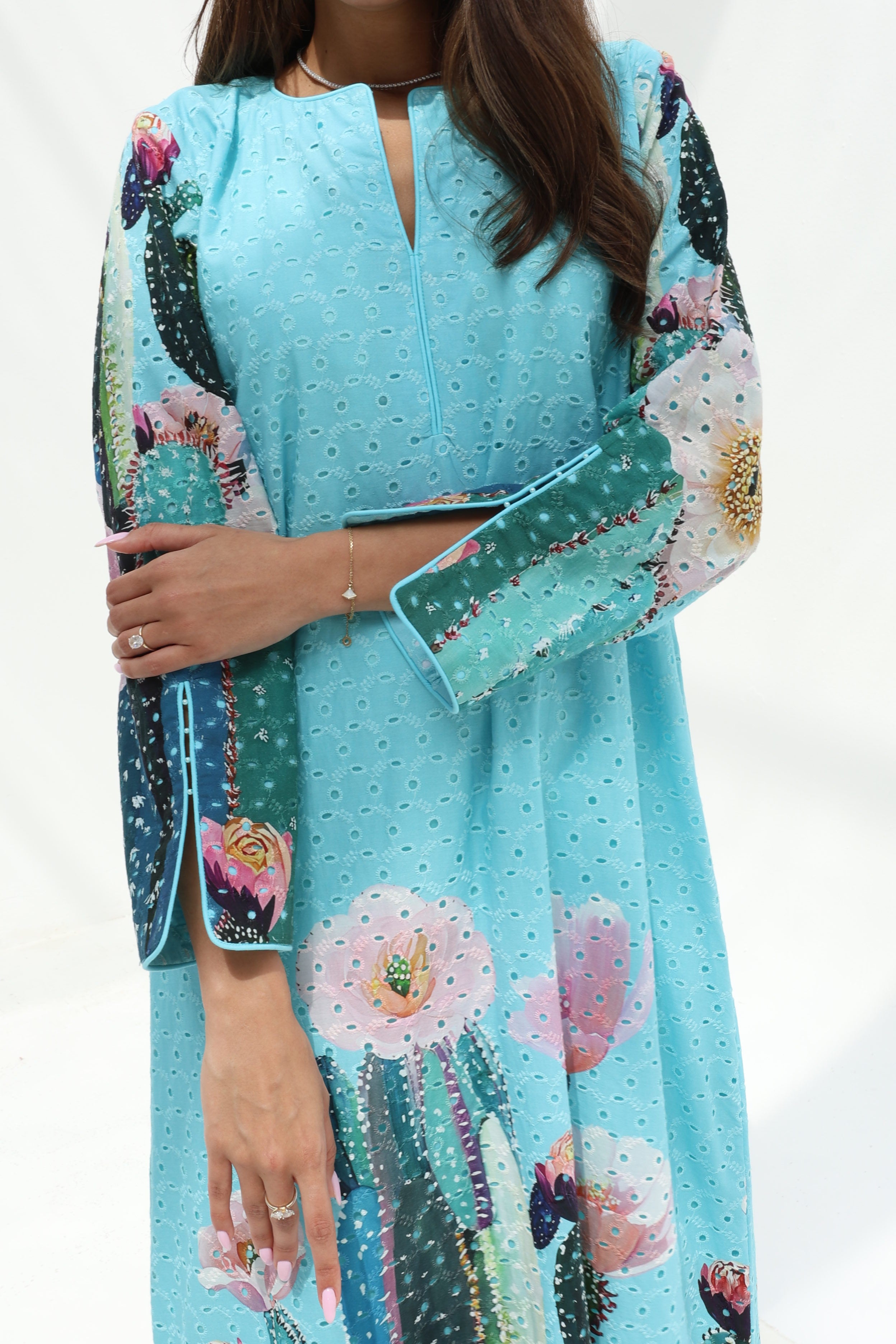 Sahara — C25 — Sky Blue Broderie Blooming Cactus Placement Print Tie Cuff Cotton Jalabiya
