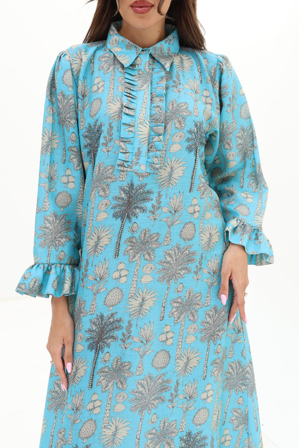 Teal Palm — L163 — Teal Palm & Shell Print Linen Jalabiya