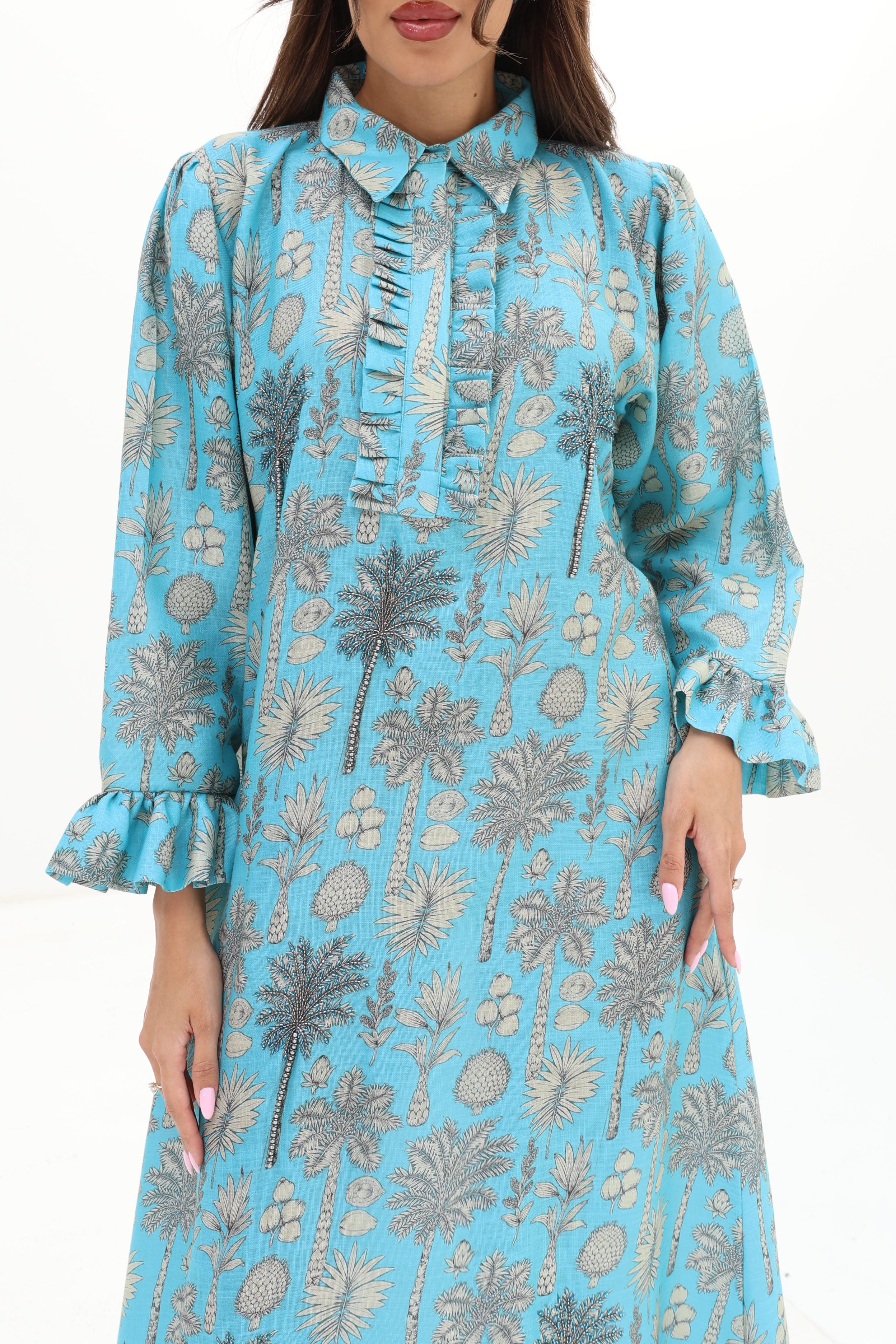 Teal Palm — L163 — Teal Palm & Shell Print Linen Jalabiya