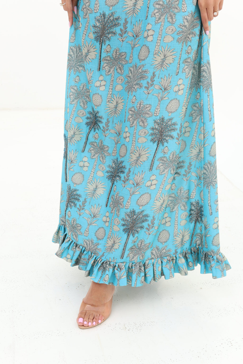 Teal Palm — L163 — Teal Palm & Shell Print Linen Jalabiya