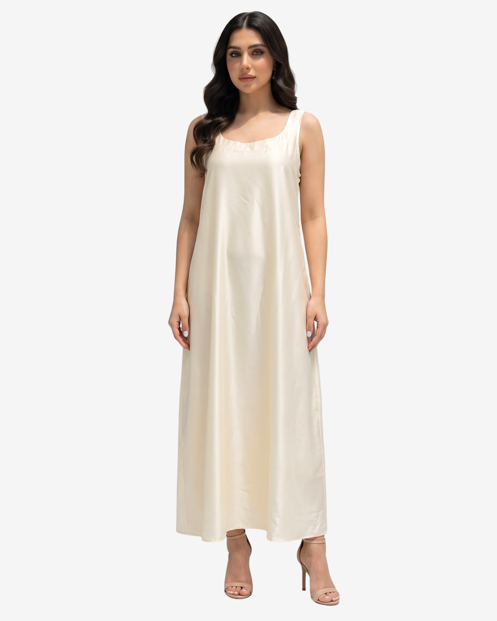 Front view of the Ivory Grace Crepe Satin Maxi Dress showcasing its elegant drape and luxurious crepe satin fabric.