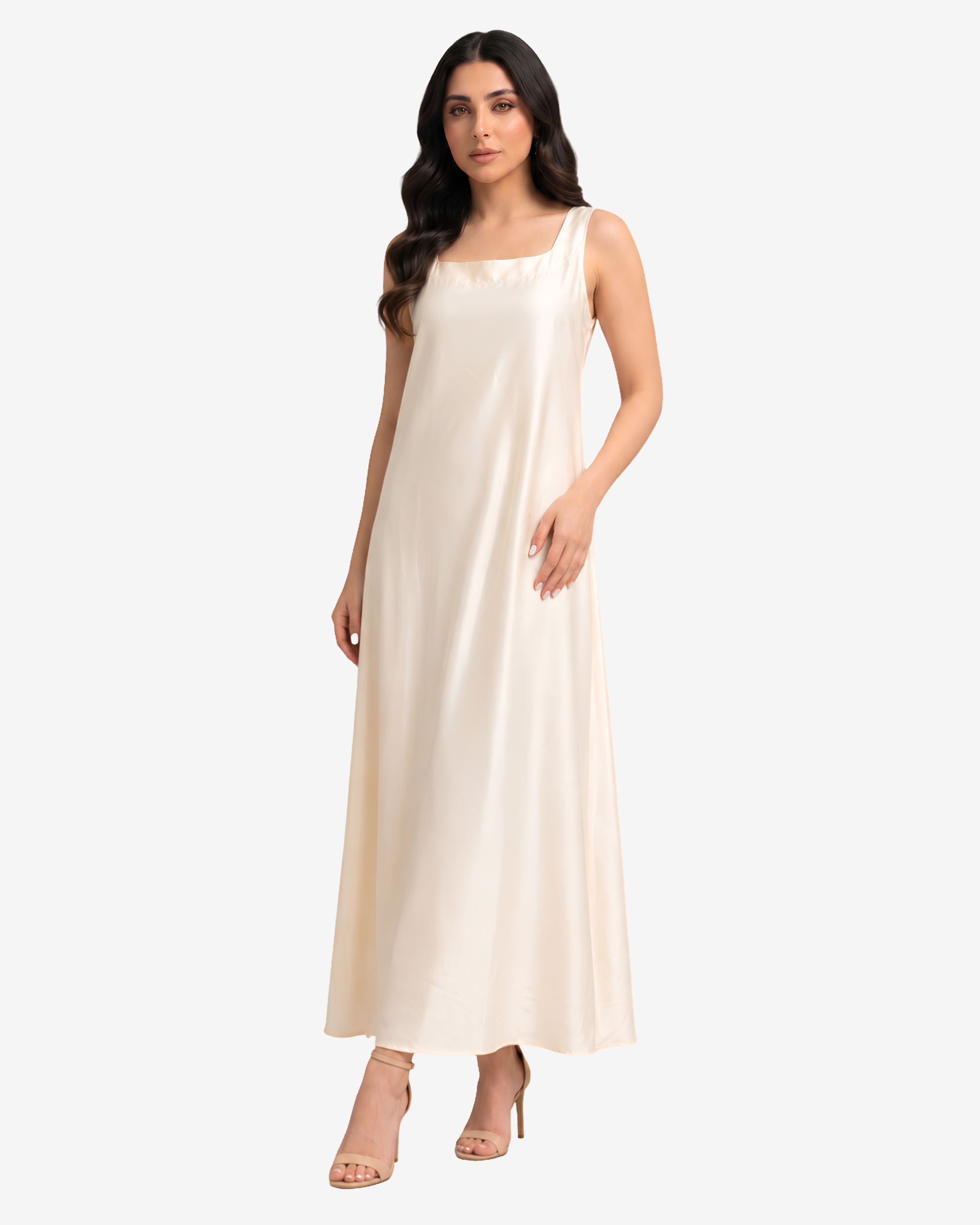 Angled view of the Ivory Grace Crepe Satin Maxi Dress highlighting its relaxed fit and timeless square neckline.