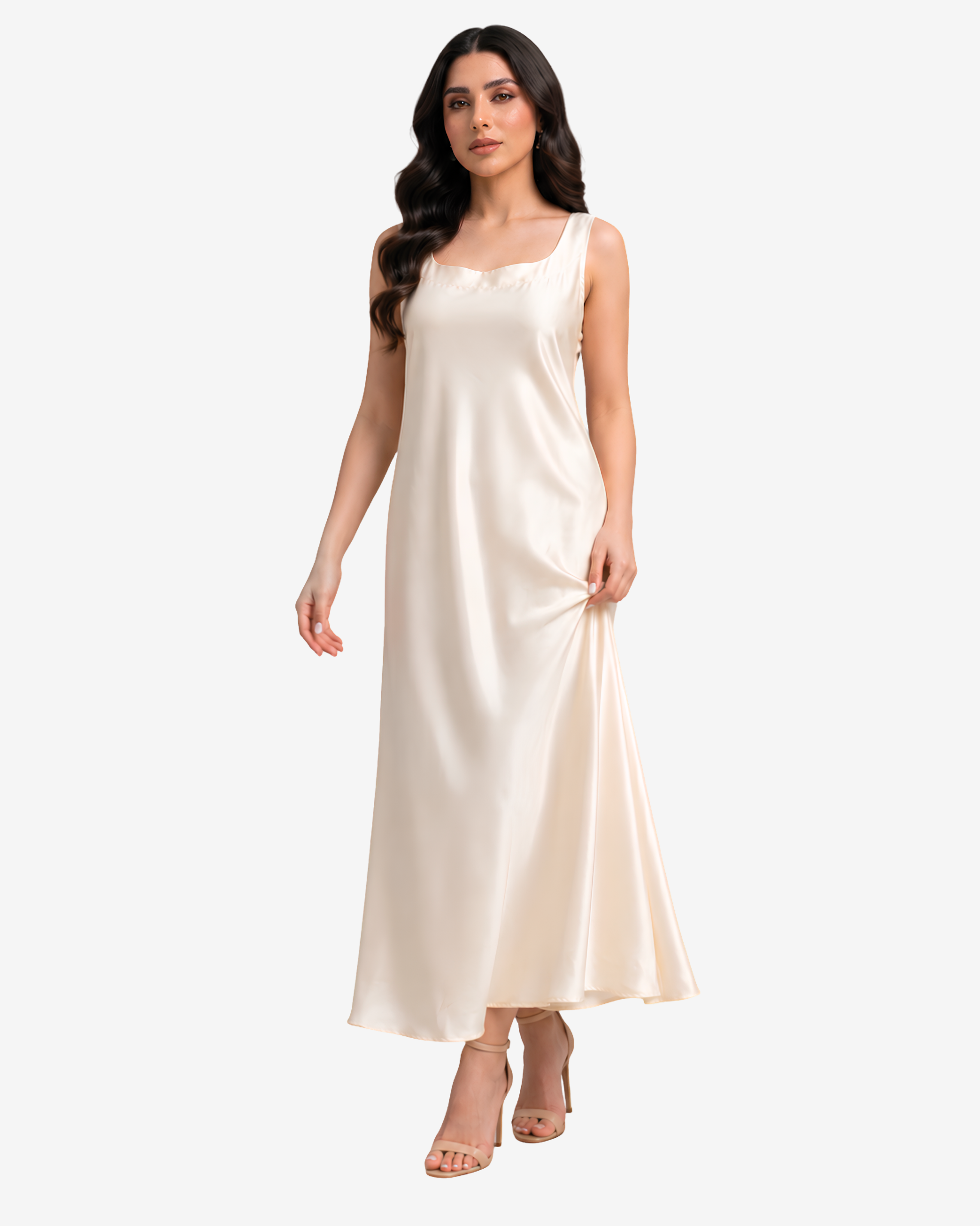 Elegant ivory sleeveless crepe satin inner dress designed for layering under open abayas or wearing on its own.
