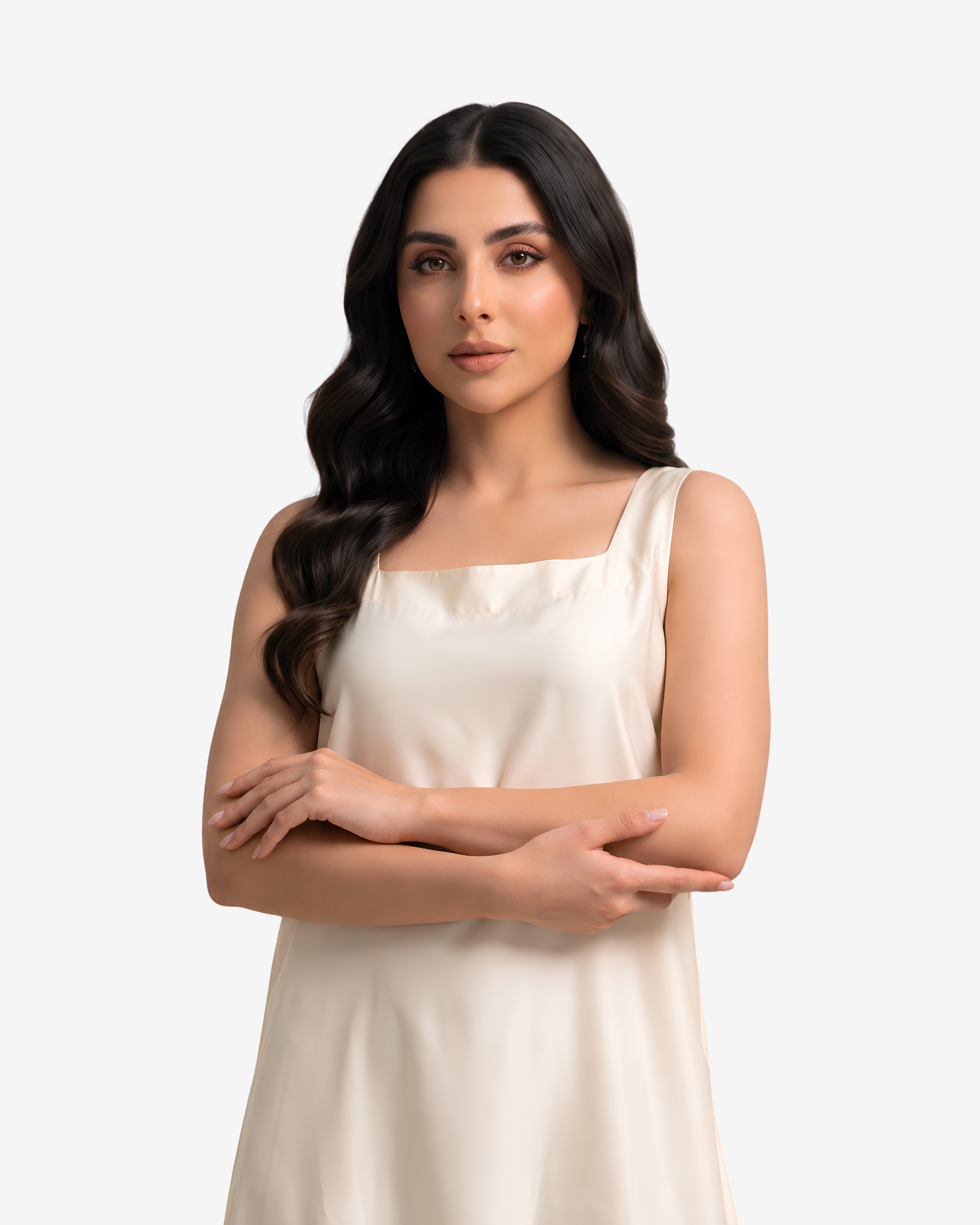 Close-up of the Ivory Grace Crepe Satin Maxi Dress featuring a refined square neckline and smooth satin finish.