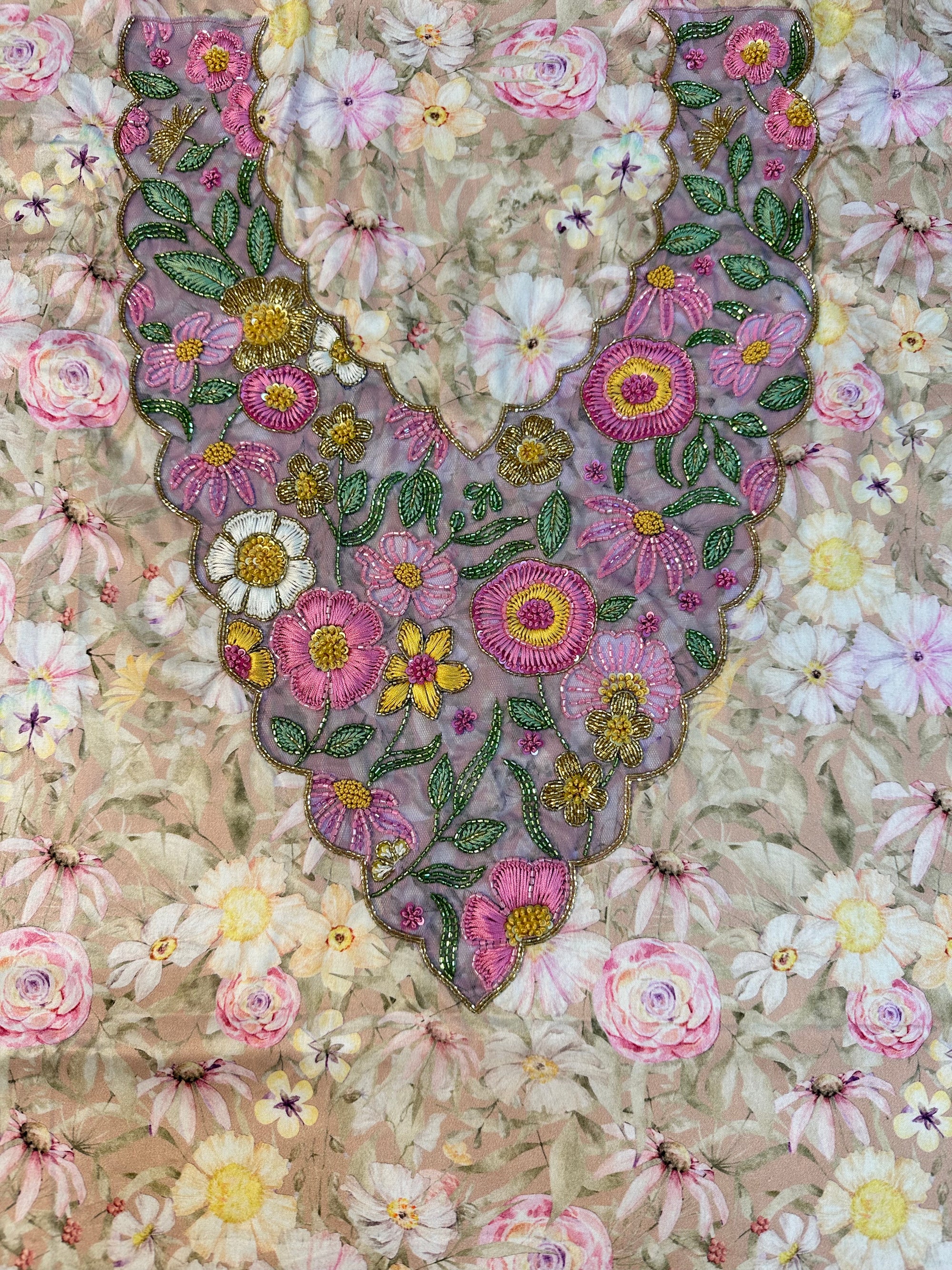 Ivory Blossom Cotton Mukhawar featuring premium printed cotton with a luxurious hand-embellished neckline and elegant floral print by Gharza Couture.