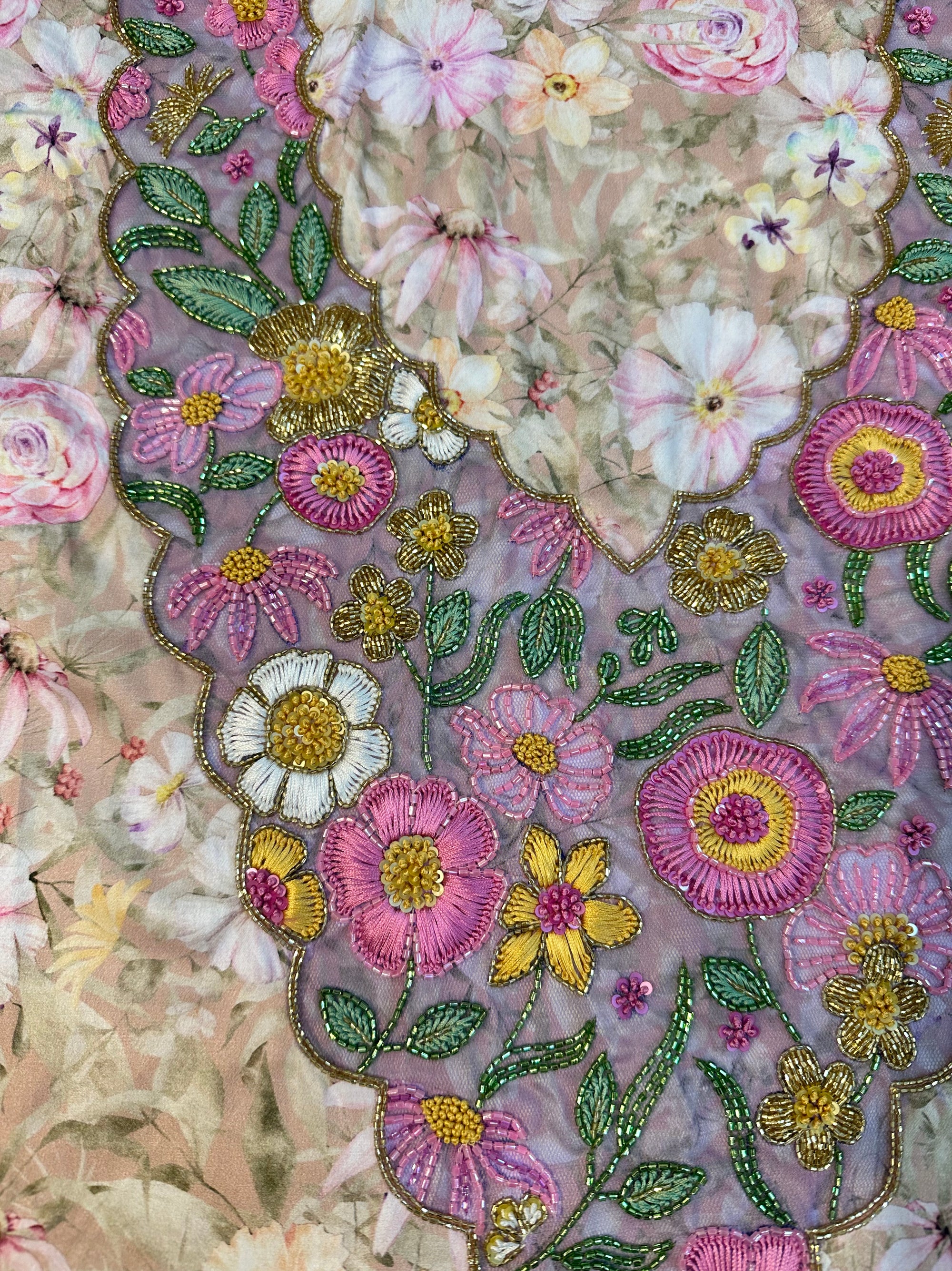 Premium printed cotton fabric displaying the elegant floral pattern of the Ivory Blossom Cotton Mukhawar for custom tailoring by Gharza Couture.
