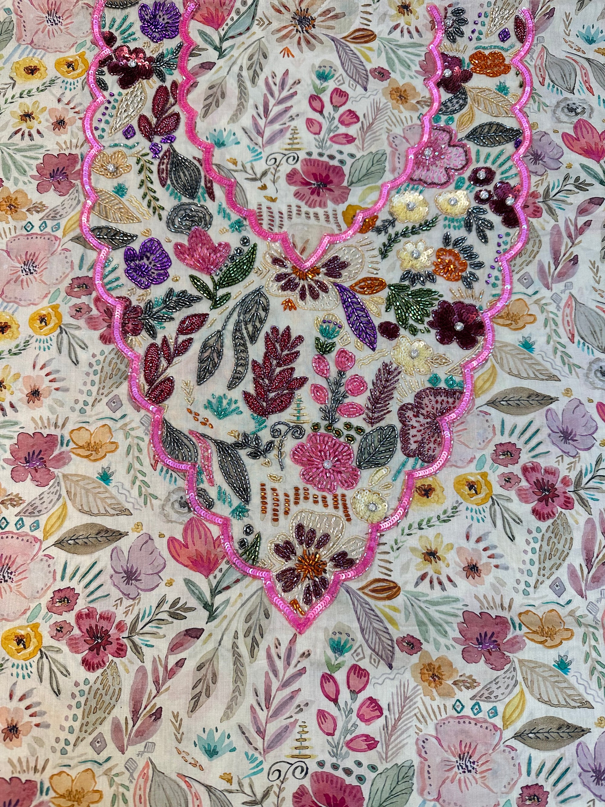 Ivory Botanical Oriss Cotton Satin Mukhawar featuring premium Oriss cotton satin with a hand-embellished front panel and elegant botanical floral print by Gharza Couture.