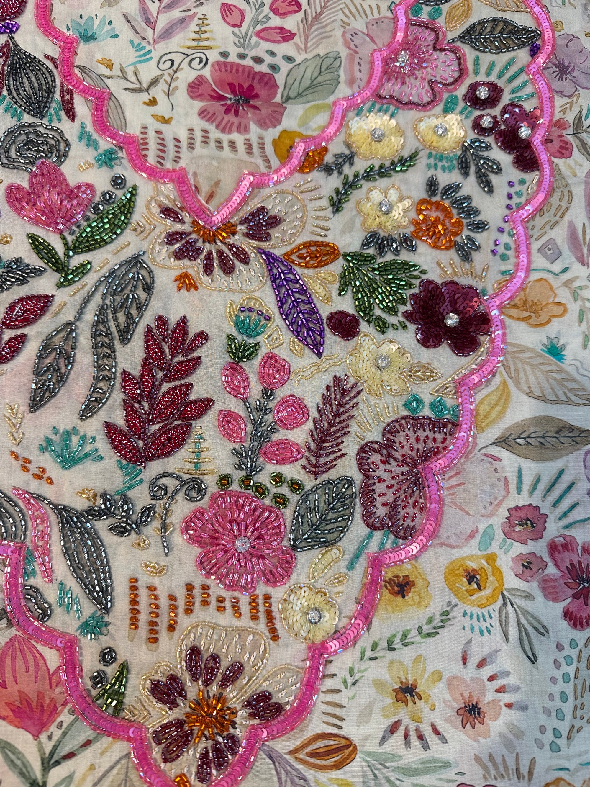Close-up of the hand-embellished front panel on the Ivory Botanical Oriss Cotton Satin Mukhawar showcasing intricate beadwork and premium Oriss cotton satin fabric.