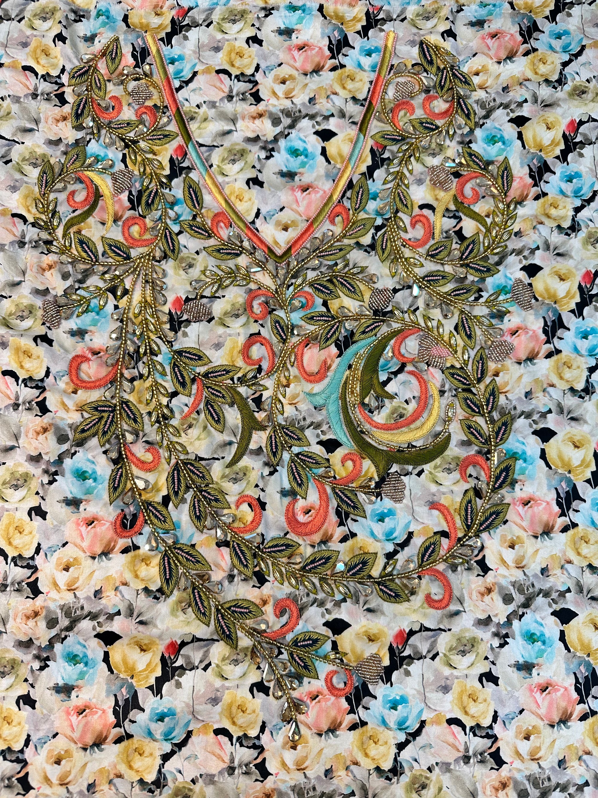 Ivory Paisley Bloom Cotton Mukhawar featuring premium printed cotton with a hand-embellished neckline, elegant paisley vines, and floral print by Gharza Couture.