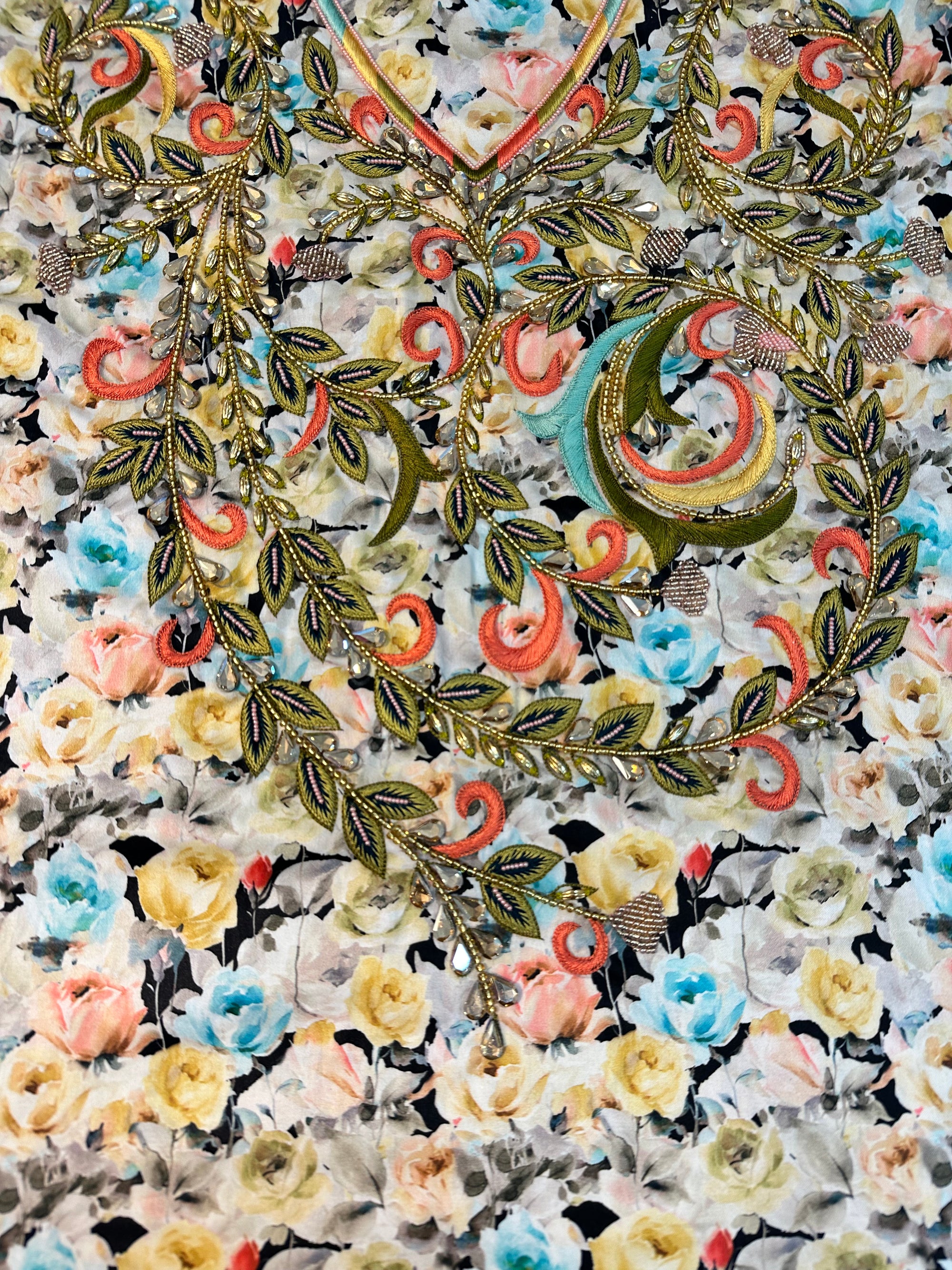 Close-up of the hand-embellished neckline on the Ivory Paisley Bloom Cotton Mukhawar showcasing intricate beadwork, paisley detailing, and premium printed cotton fabric.