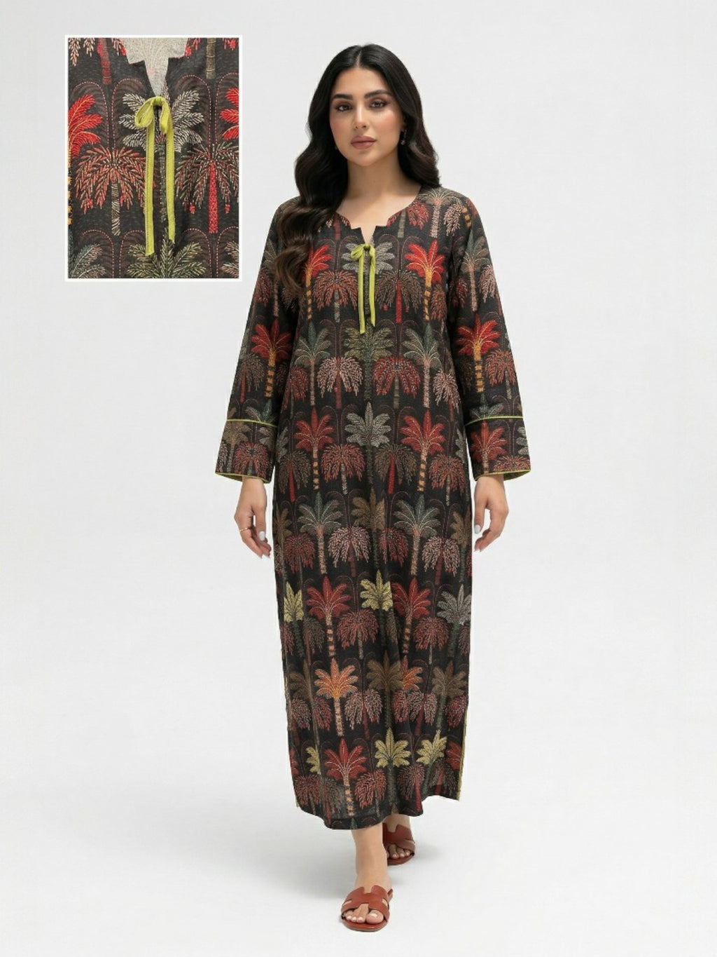 Wajd — L168 — Dark Palm Print Linen Jalabiya with Embroidery