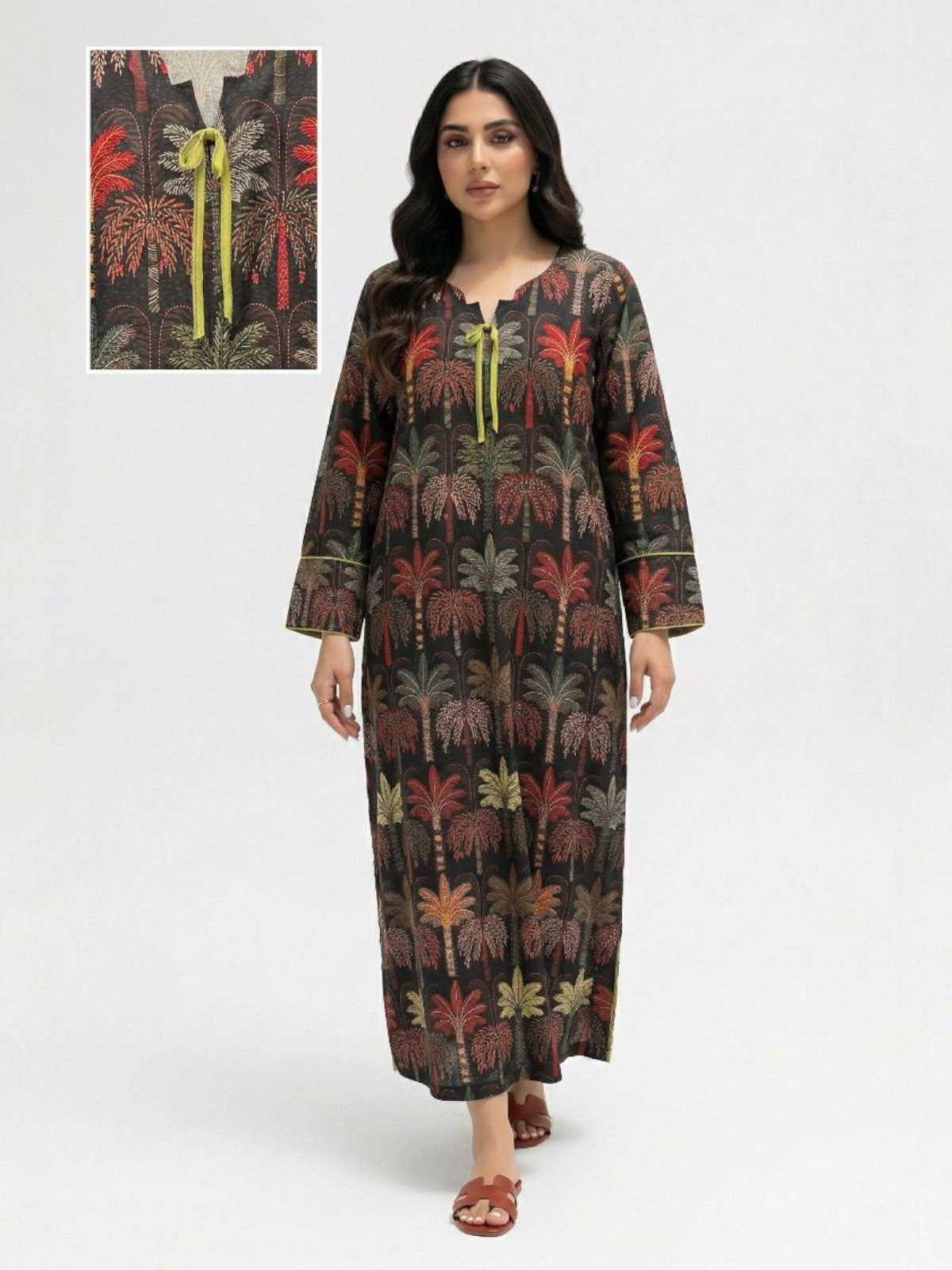 Wajd — L168 — Dark Palm Print Linen Jalabiya with Embroidery