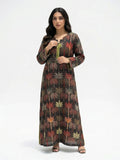 Wajd — L168 — Dark Palm Print Linen Jalabiya with Embroidery