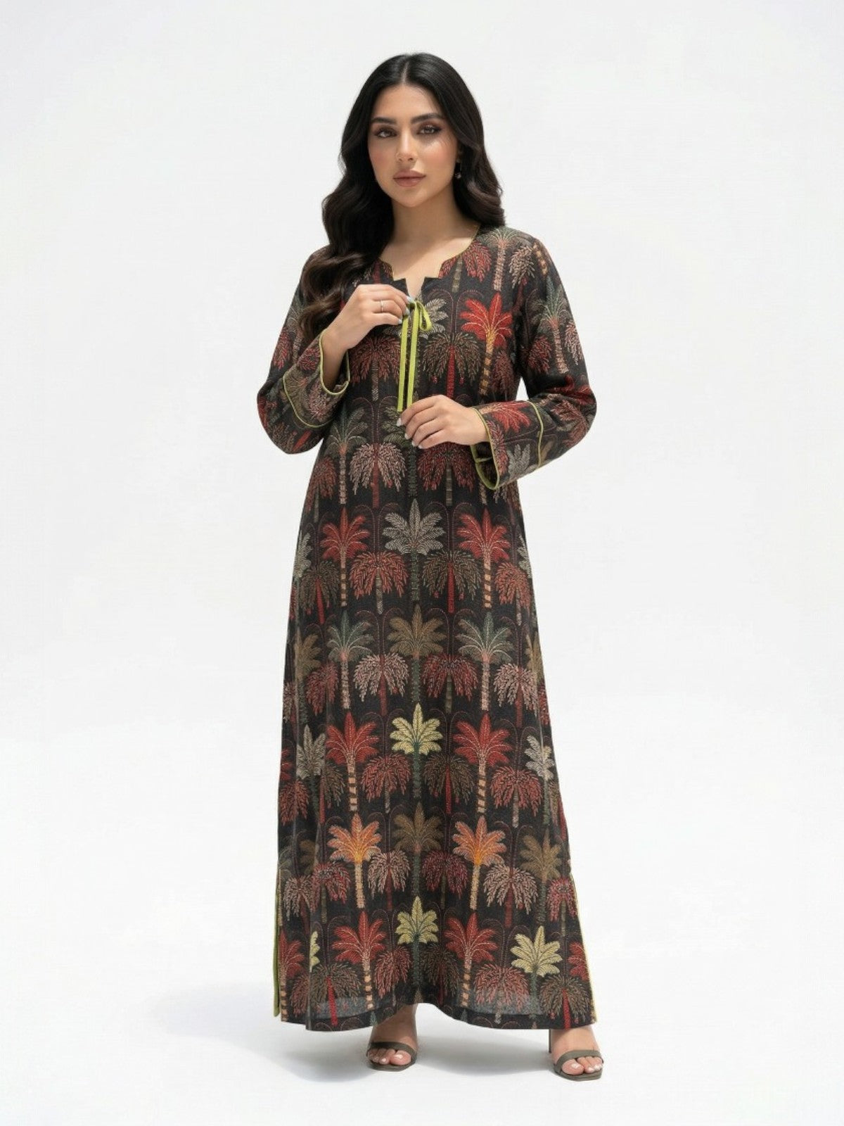 Wajd — L168 — Dark Palm Print Linen Jalabiya with Embroidery