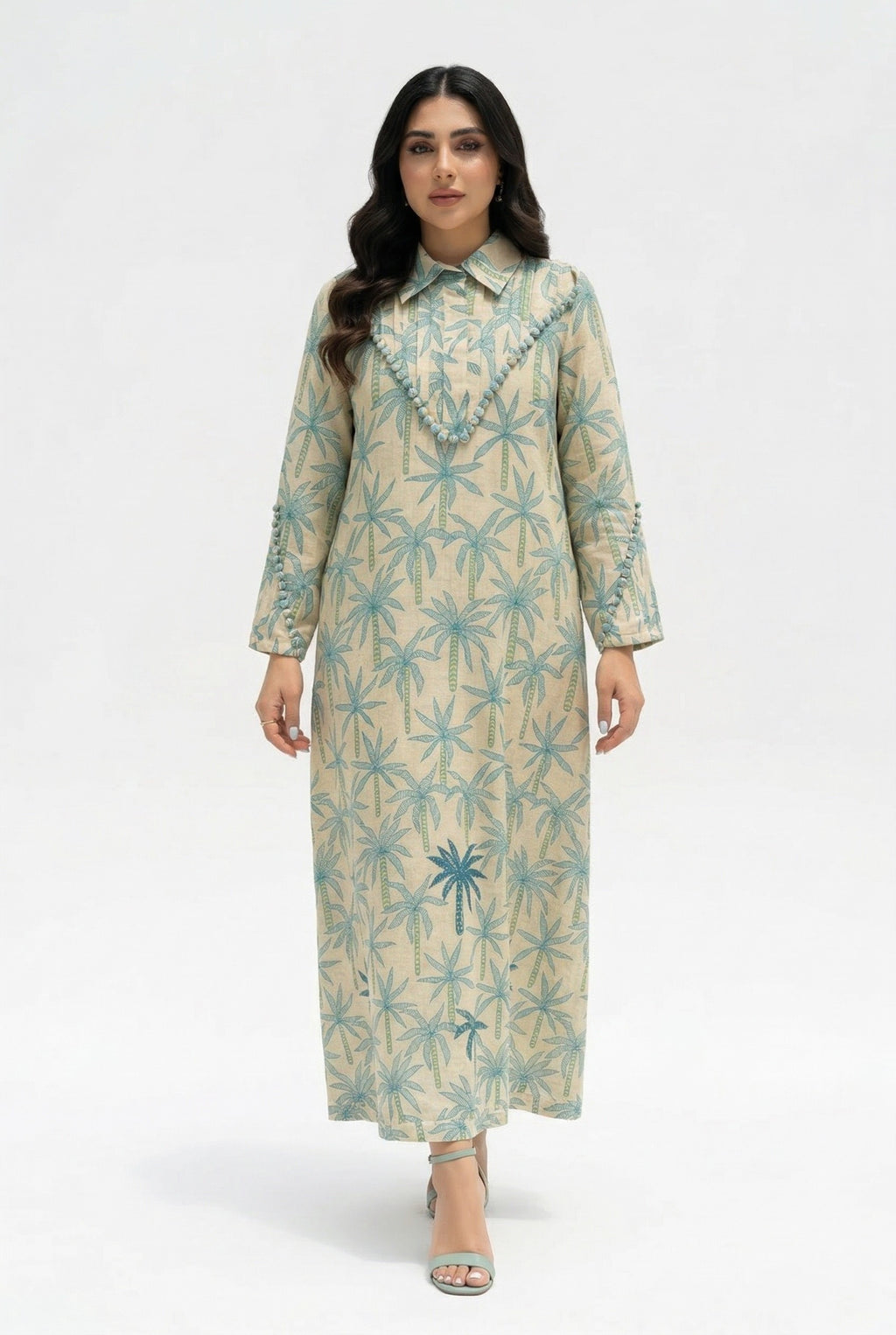 Dalal — L173 — Teal Palm Print Linen Jalabiya with Embroidery