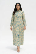 Dalal — L173 — Teal Palm Print Linen Jalabiya with Embroidery
