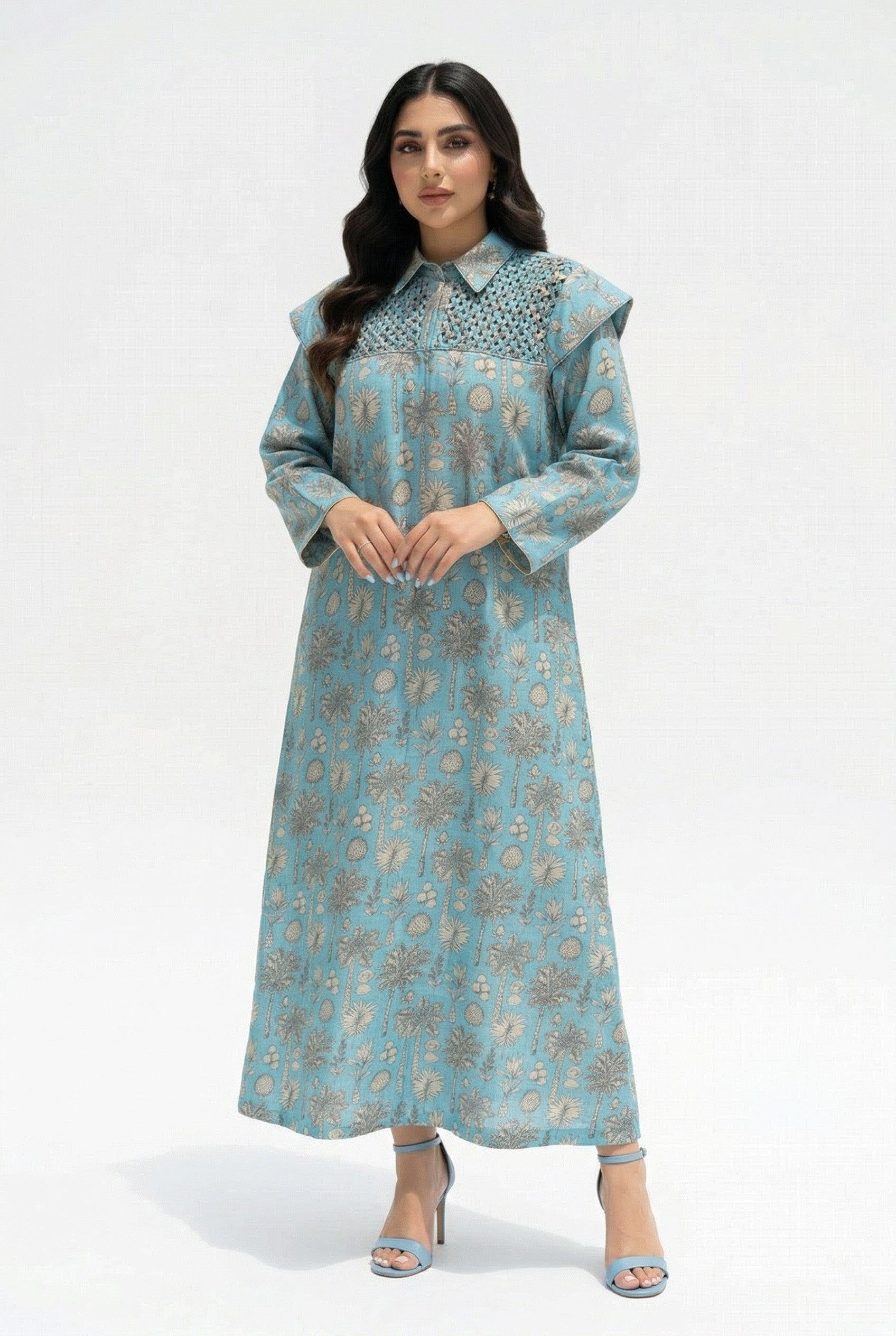 Lajalah — L175 — Teal Seashell Print Linen Jalabiya with Embroidery