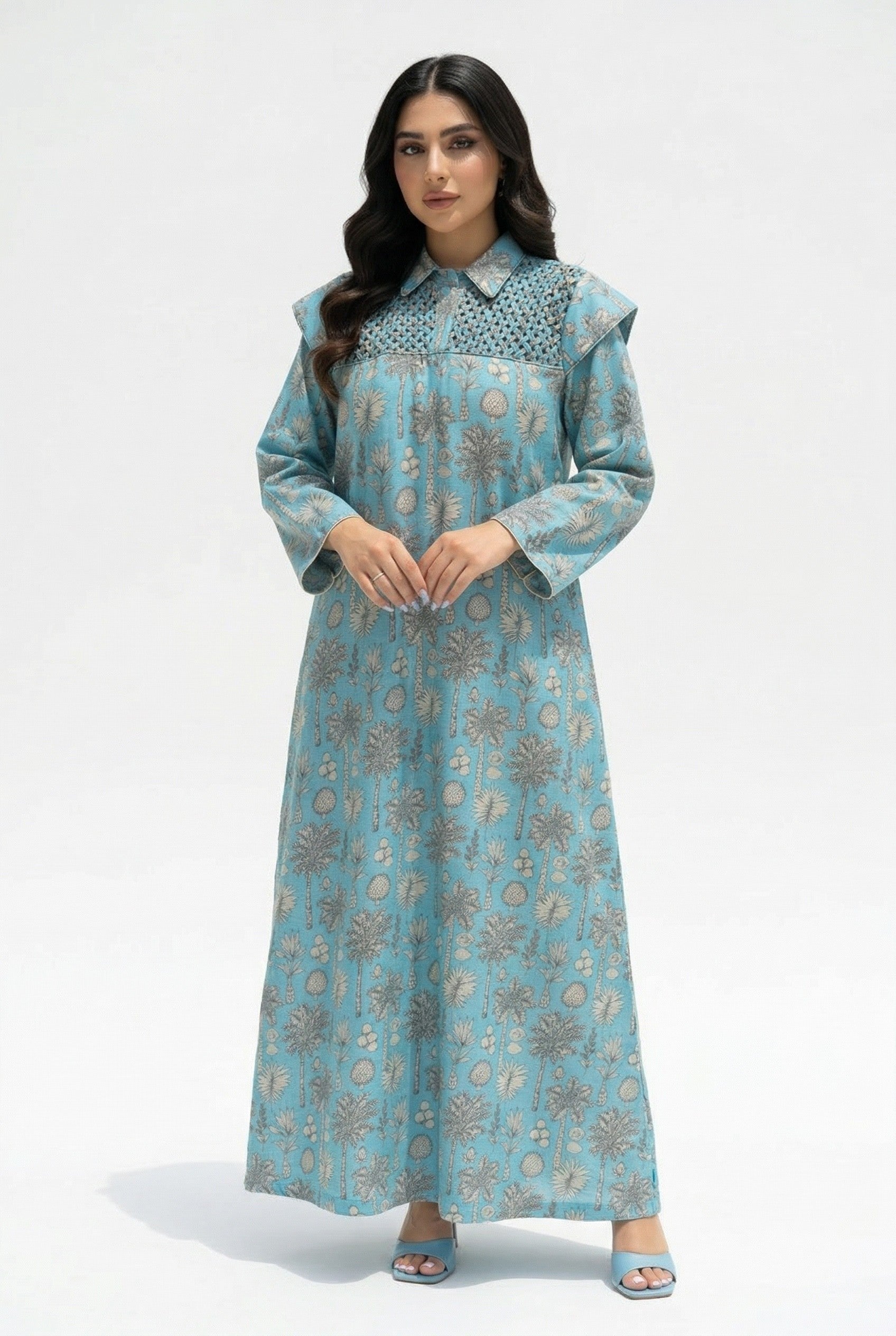Lajalah — L175 — Teal Seashell Print Linen Jalabiya with Embroidery