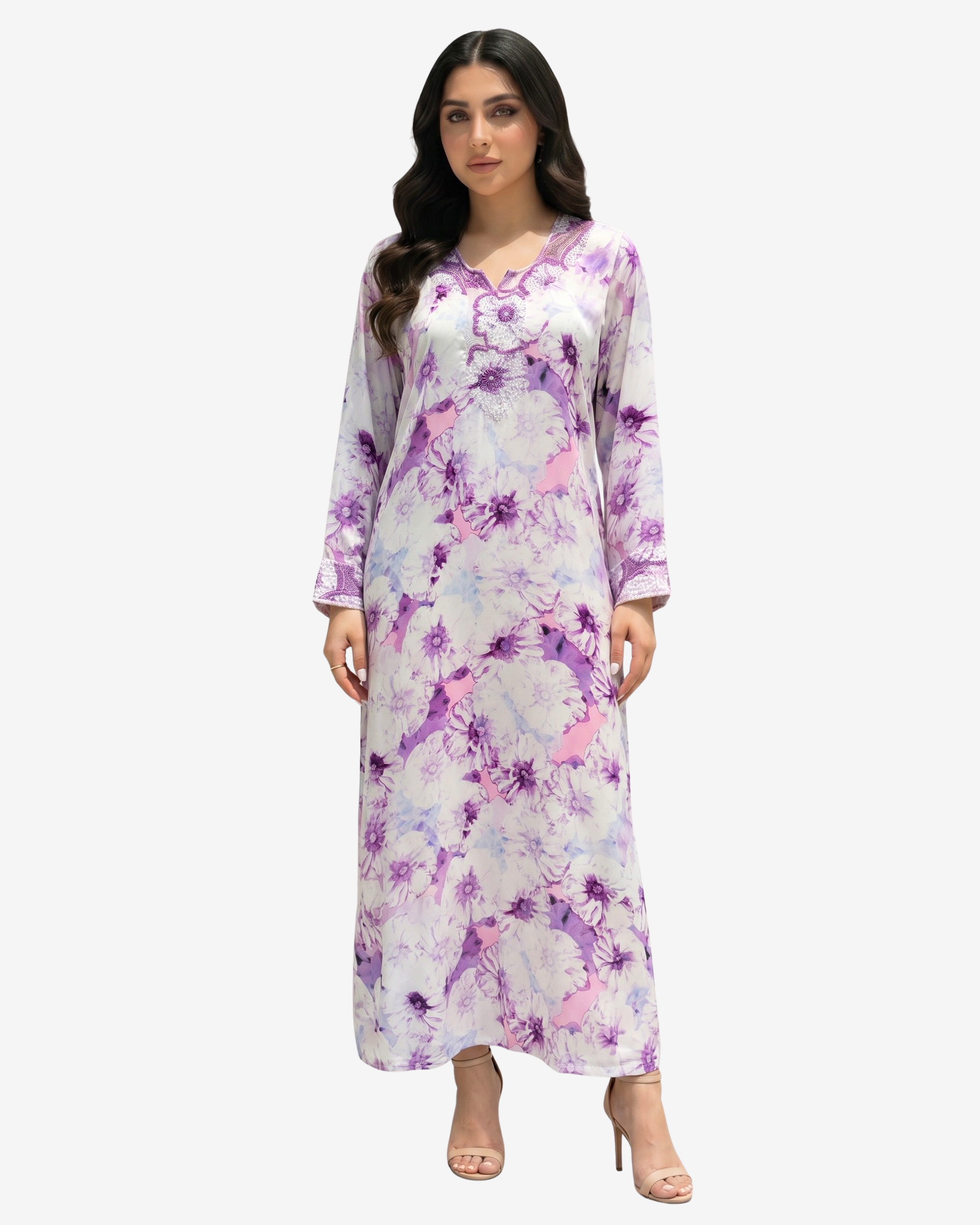 Lavender Blossom Hand Embellished Silk Mukhawar by Gharza Couture featuring a full-length floral design with an elegant hand-embellished neckline.