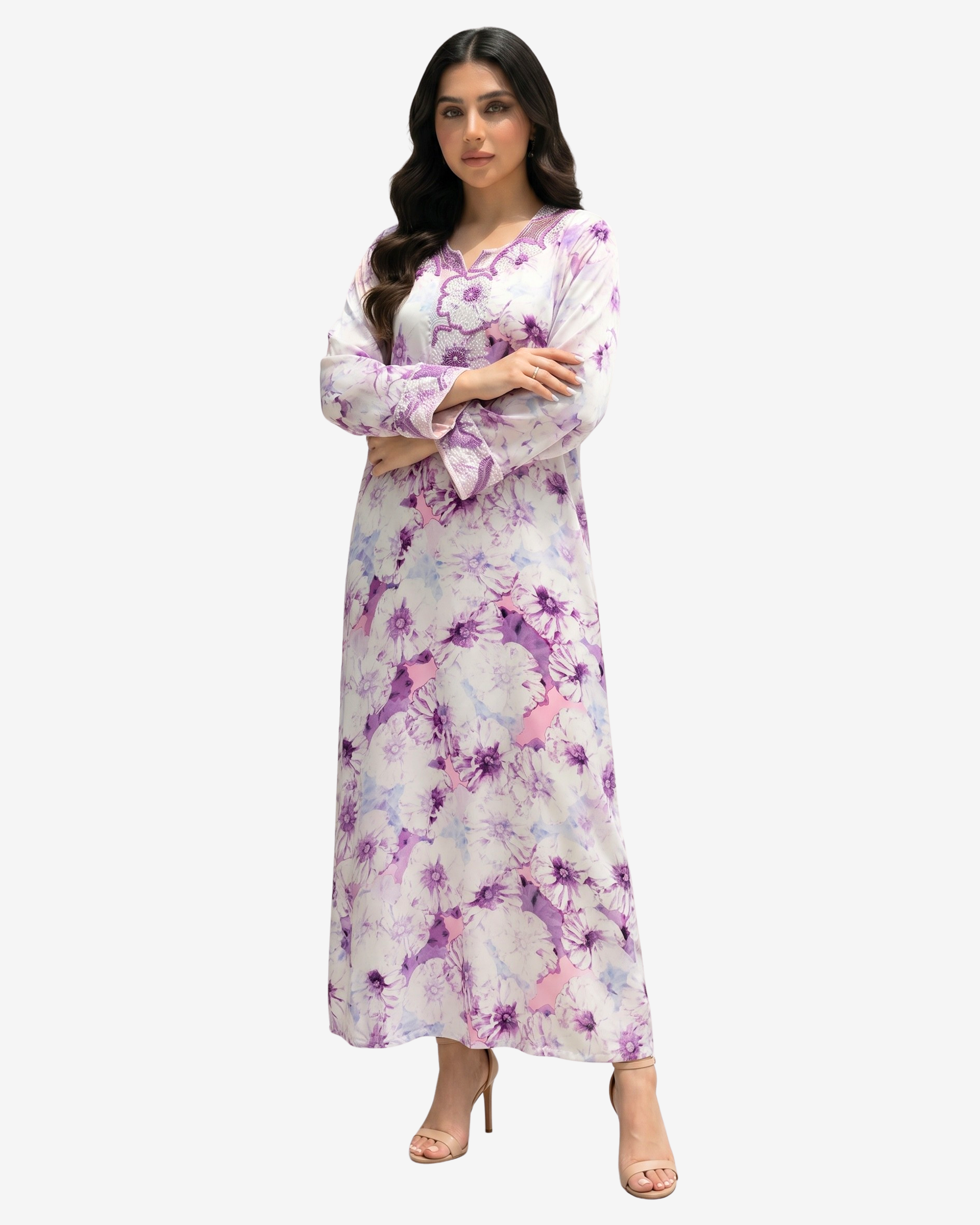 Luxury silk Mukhawar with a soft lavender floral print, flowing silhouette, and handcrafted embellishments on the neckline and cuffs.