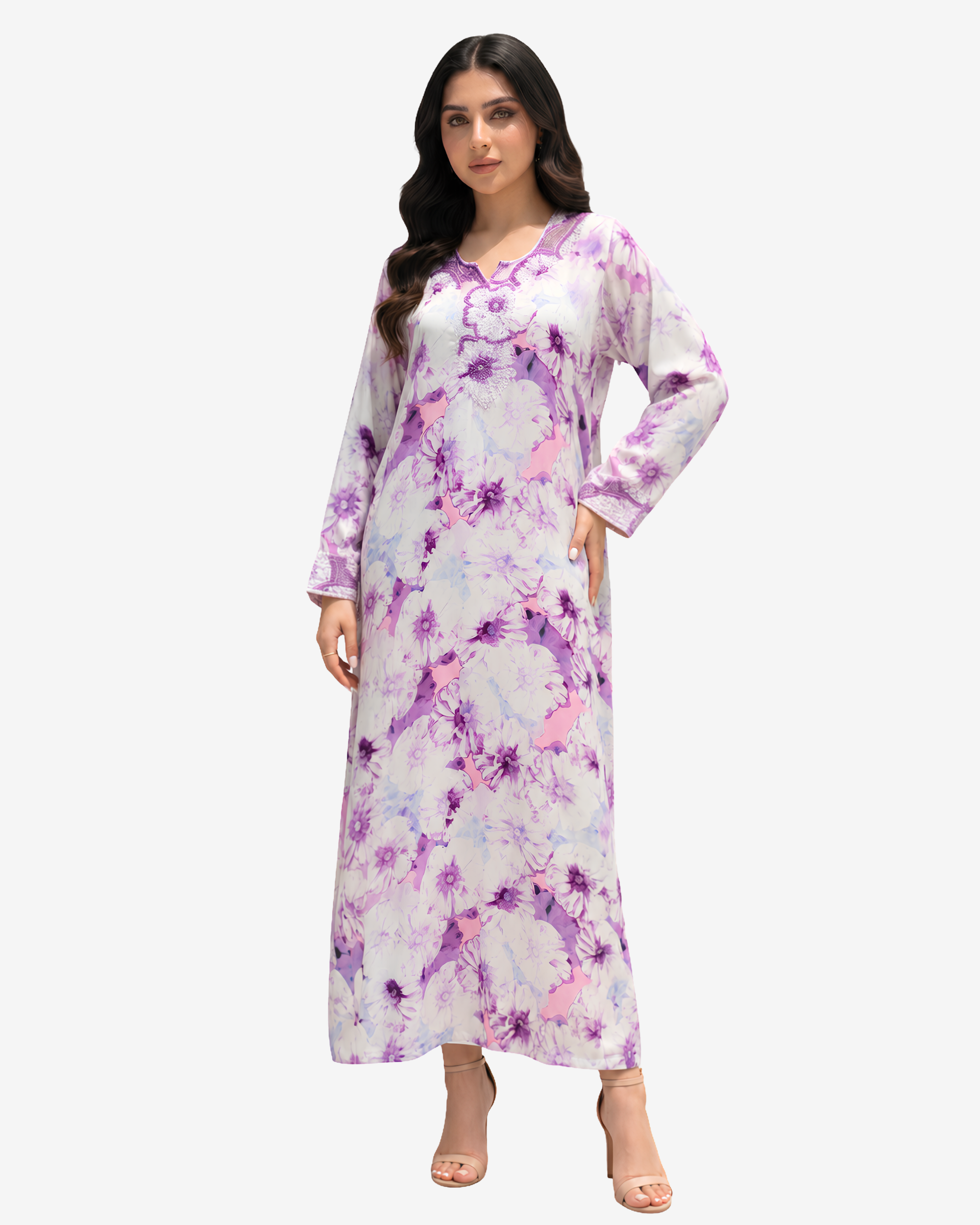 Full-length Lavender Blossom Silk Mukhawar showcasing premium silk fabric, delicate floral print, and refined handcrafted embellishment details.