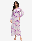 Full-length Lavender Blossom Silk Mukhawar showcasing premium silk fabric, delicate floral print, and refined handcrafted embellishment details.