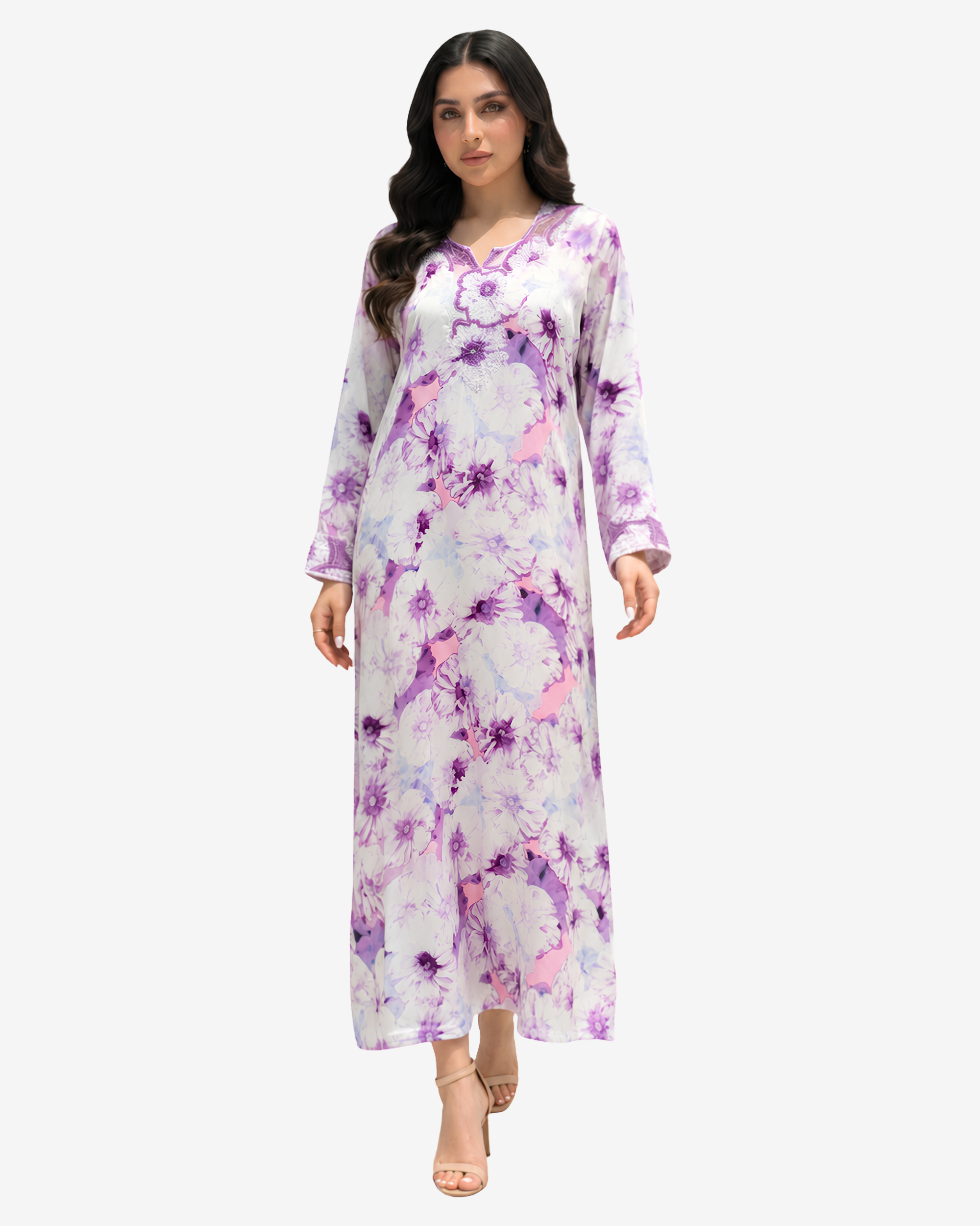 Elegant floral silk Mukhawar with a graceful full-length silhouette, hand-embellished neckline, and luxurious modest design.