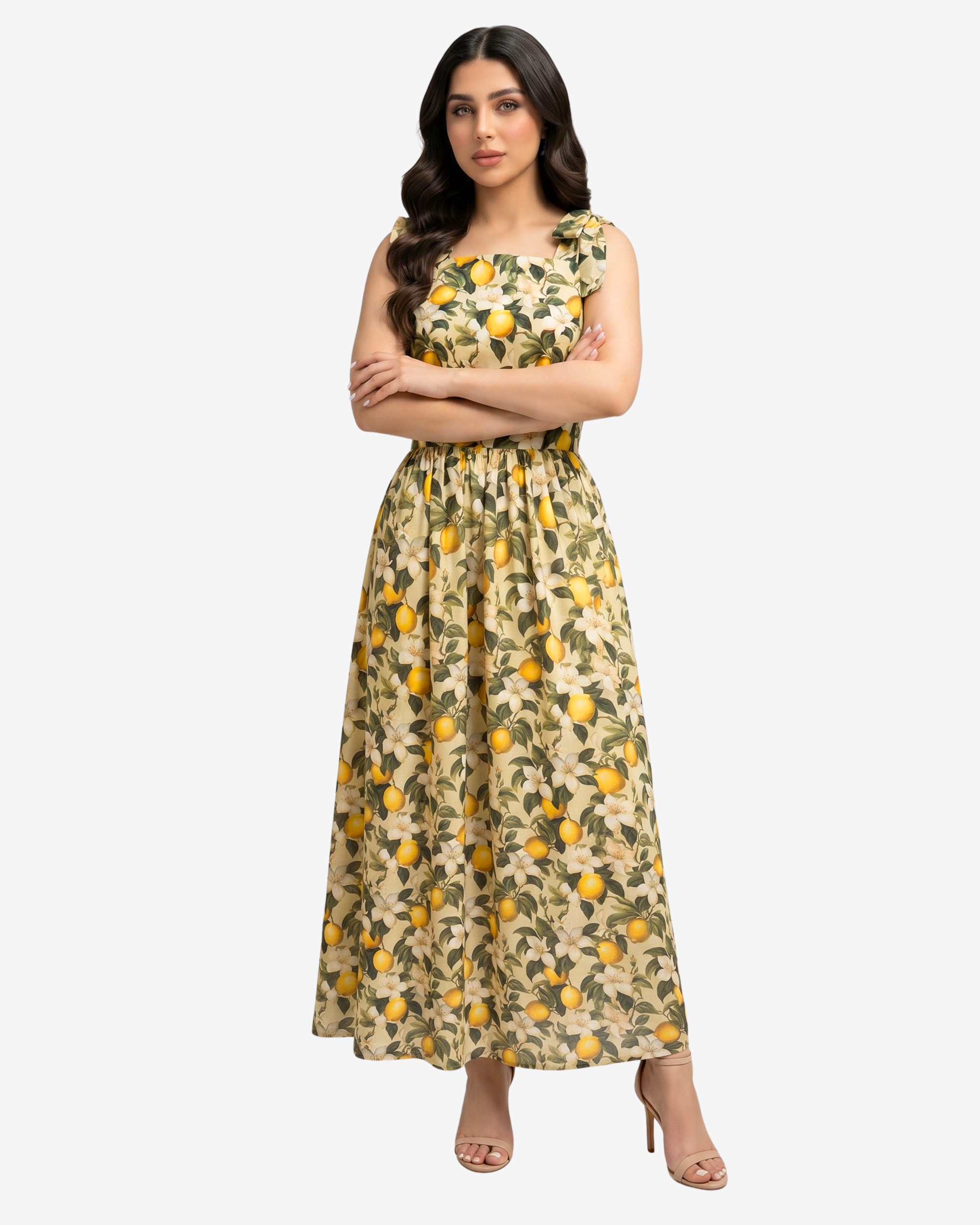 Front view of the Lemon Blossom Tie Shoulder Linen Blend Dress showcasing the elegant square neckline, gathered waist, and premium linen blend fabric.