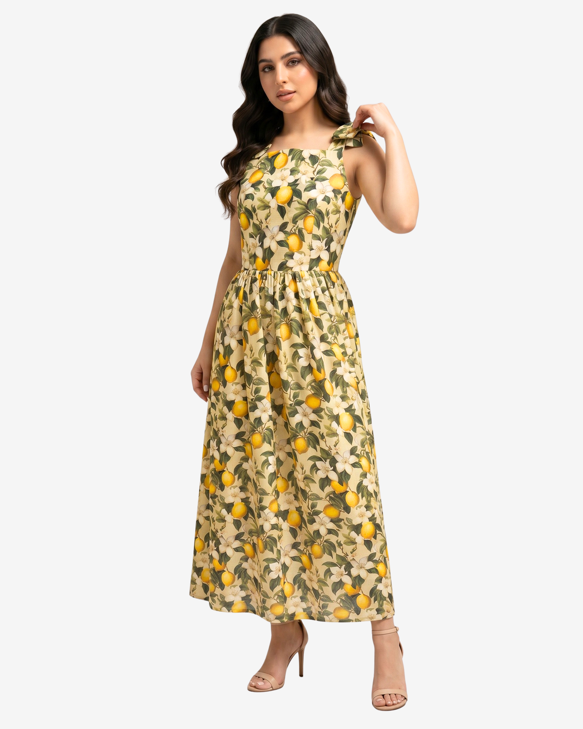 Women's Lemon Blossom Linen Blend Maxi Dress with adjustable tie shoulder straps, breathable fabric, and an elegant citrus floral print.