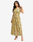 Women's Lemon Blossom Linen Blend Maxi Dress with adjustable tie shoulder straps, breathable fabric, and an elegant citrus floral print.