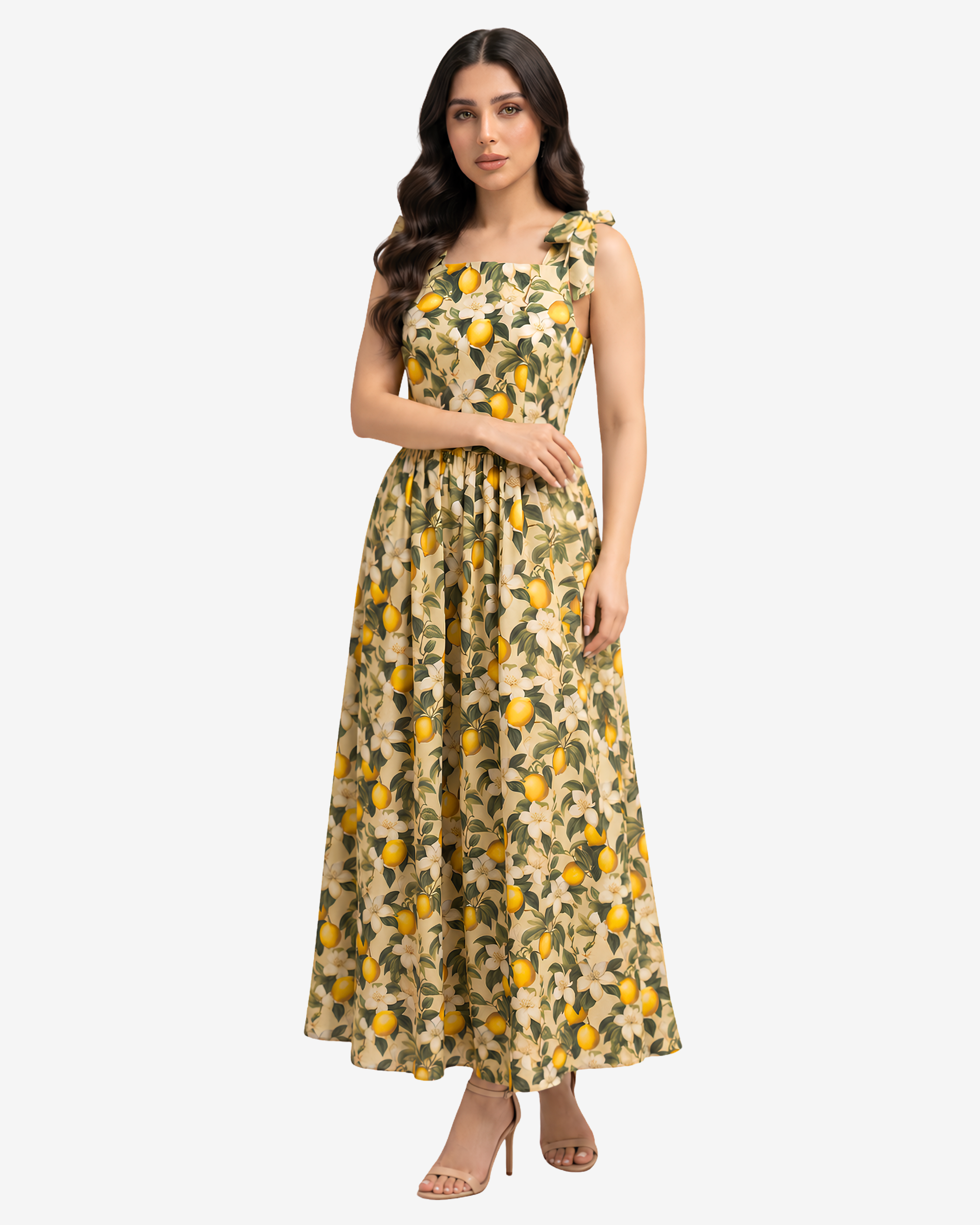 Elegant Lemon Blossom Tie Shoulder Linen Blend Dress with a flowing full-length silhouette, botanical lemon print, and feminine gathered waist.