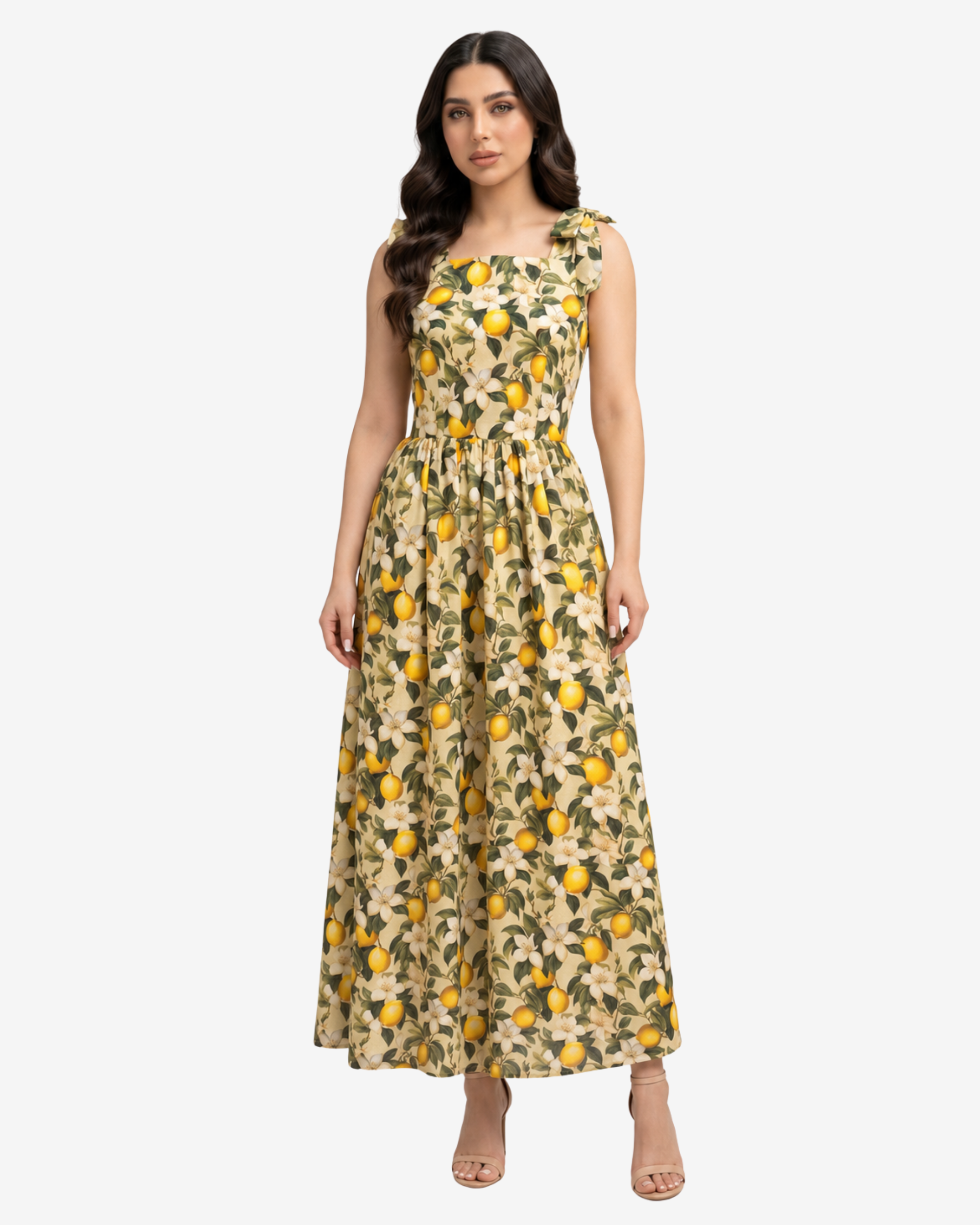 Lemon Blossom Tie Shoulder Linen Blend Dress by Gharza Couture featuring a vibrant citrus floral print, square neckline, and flowing sleeveless maxi silhouette.