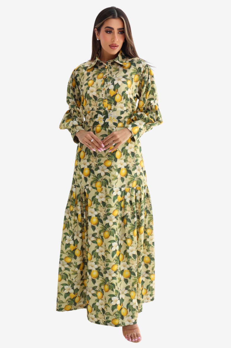 Lemon Blossom Belted Linen Blend Dress for women featuring a citrus floral print and hand-embellished waist belt