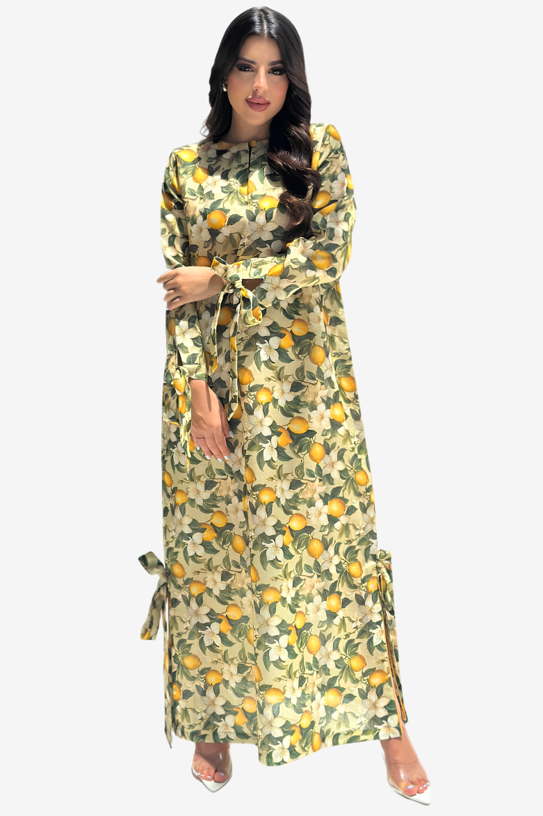 Lemon Blossom Bow Linen Blend Jalabiya for women featuring citrus floral print, long sleeves and full-length modest design